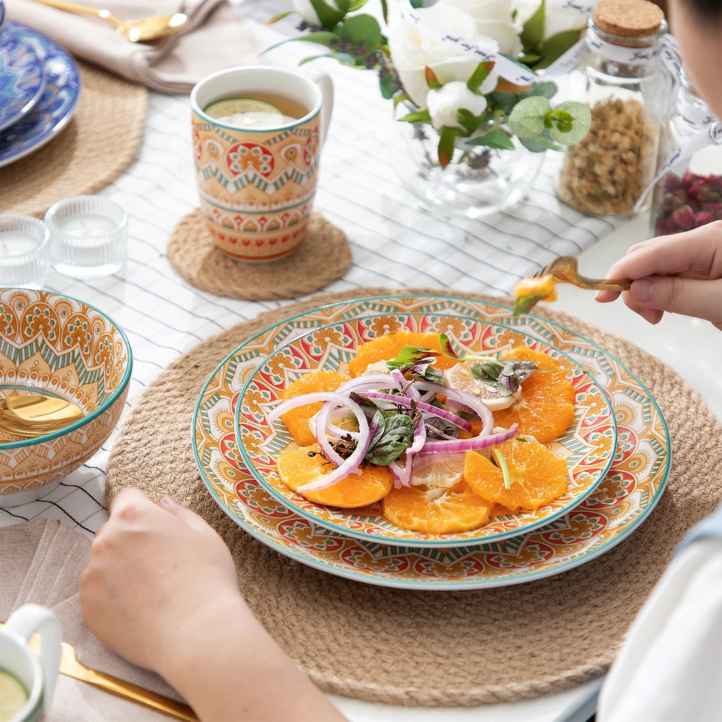 MALACASA Mandala Geometric Ceramic Dinnerware Set Porcelain Plates