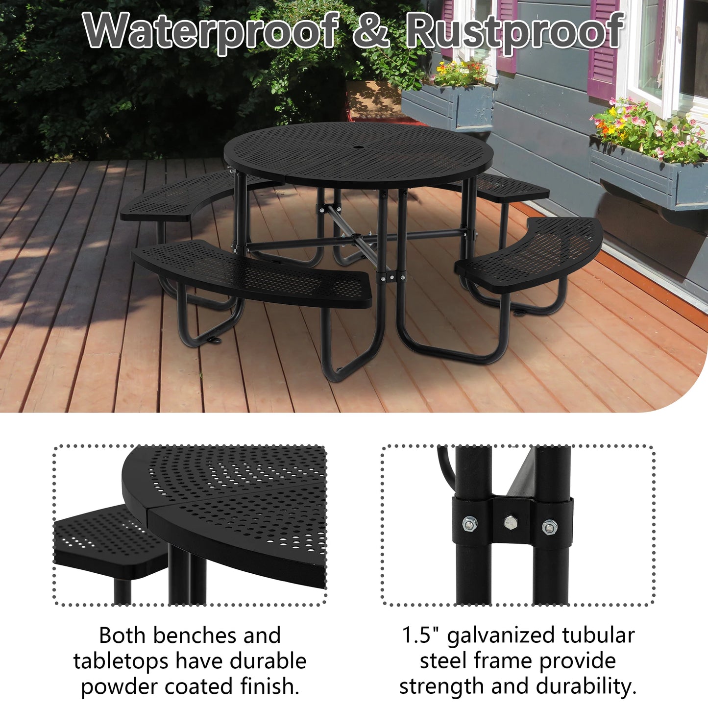 Jaxilyn Outdoor Round Perforated Picnic Table With Umbrella Hole