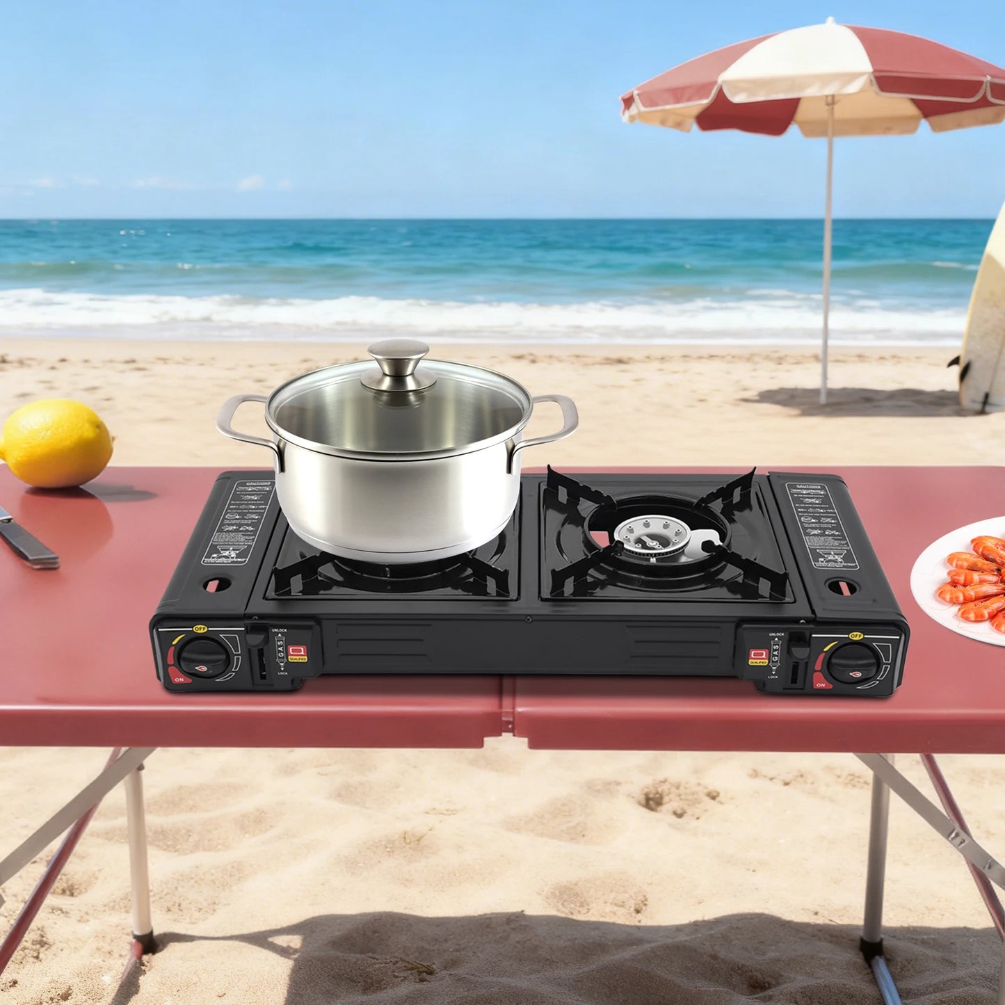 Two Burner Camping Stove With Auto Ignition And Baking Tray