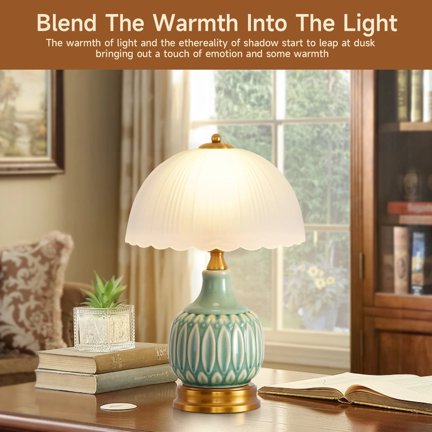 Retro Farmhouse Ceramic Bedside Table Lamp, Green Crackle Glaze Embossed Vase Lamp Body, Scalloped Pleated Frosted Glass Lampshade, 3 Color Temperature Dimmable Nightstand Lamp with Luxury Brass Fittings, Decorative Accent Li