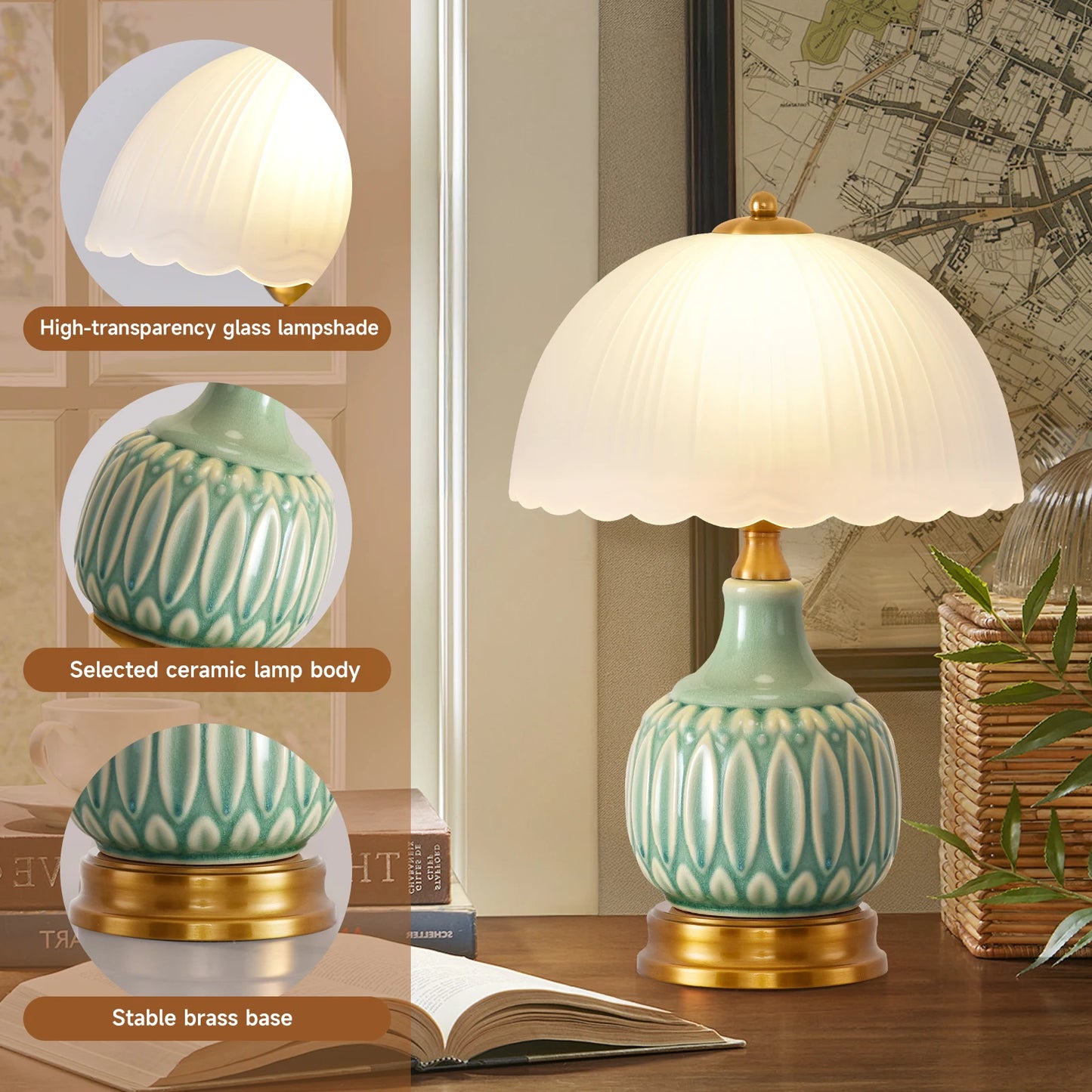 Retro Farmhouse Ceramic Bedside Table Lamp, Green Crackle Glaze Embossed Vase Lamp Body, Scalloped Pleated Frosted Glass Lampshade, 3 Color Temperature Dimmable Nightstand Lamp with Luxury Brass Fittings, Decorative Accent Li
