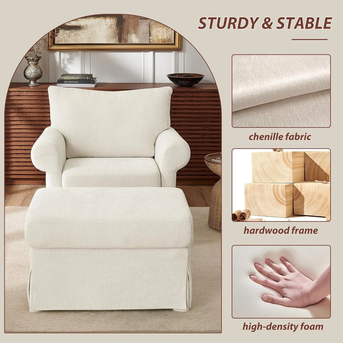 Modern Chenille Accent Chair With Ottoman Reading Armchair Cushion