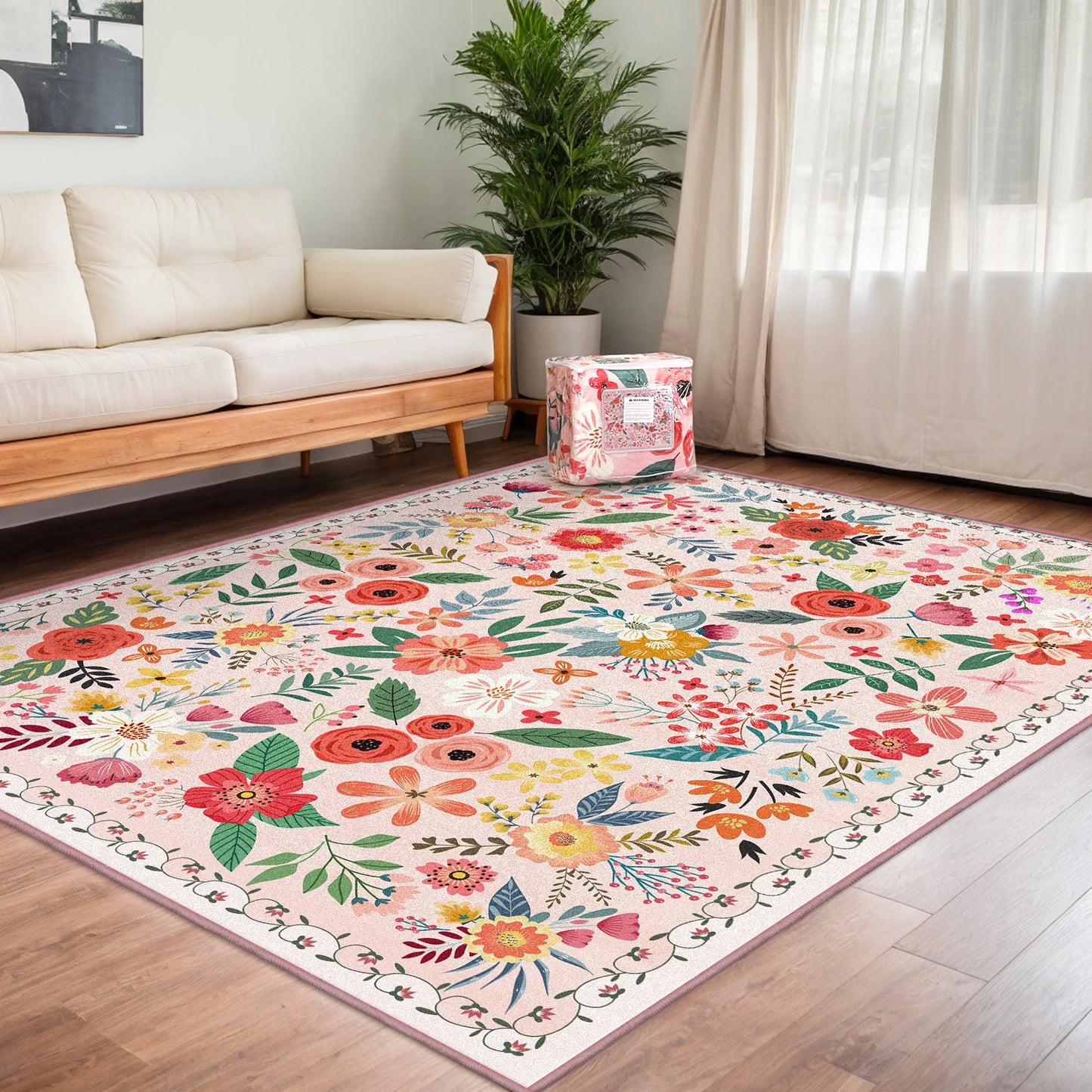 Boho Floral Washable Rug Low Pile Indoor Carpet Non Slip