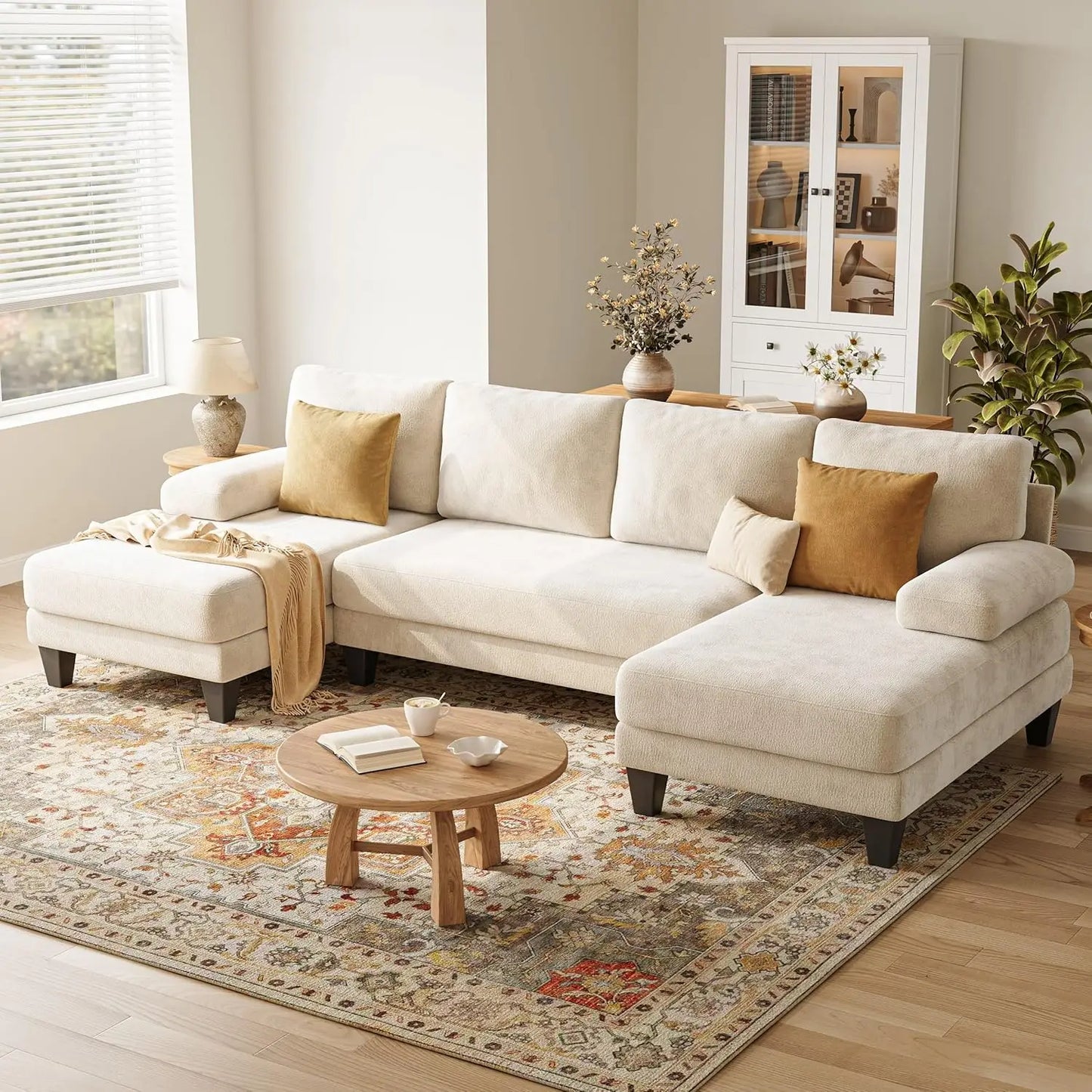 U Shaped Sectional Sofa With Double Chaise Chenille Living Room