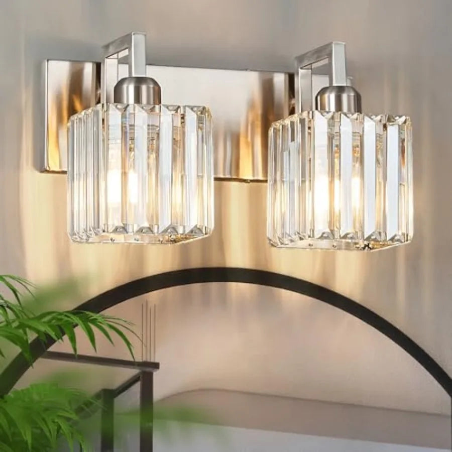 Modern Brushed Nickel Vanity Light With Crystal Wall Fixtures