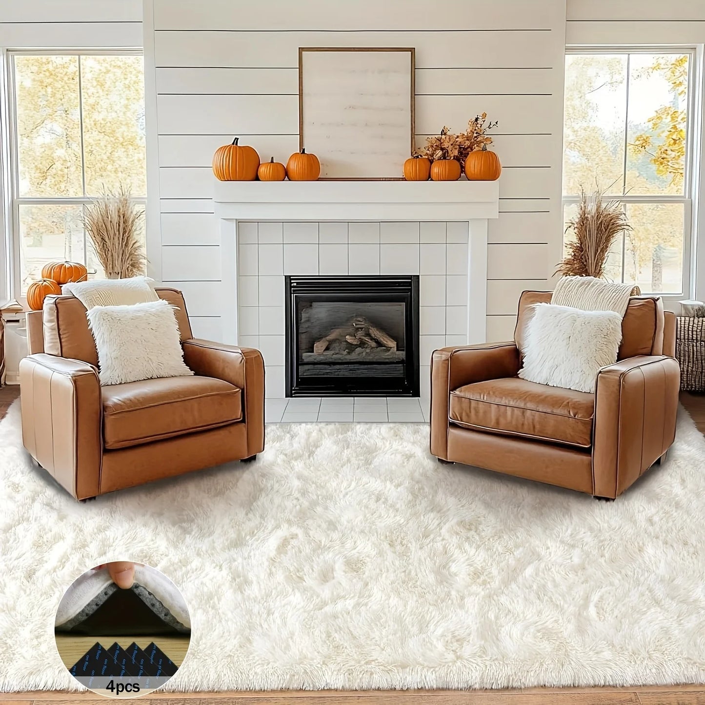 Off White Soft Shaggy Non Slip Rug For Living Room