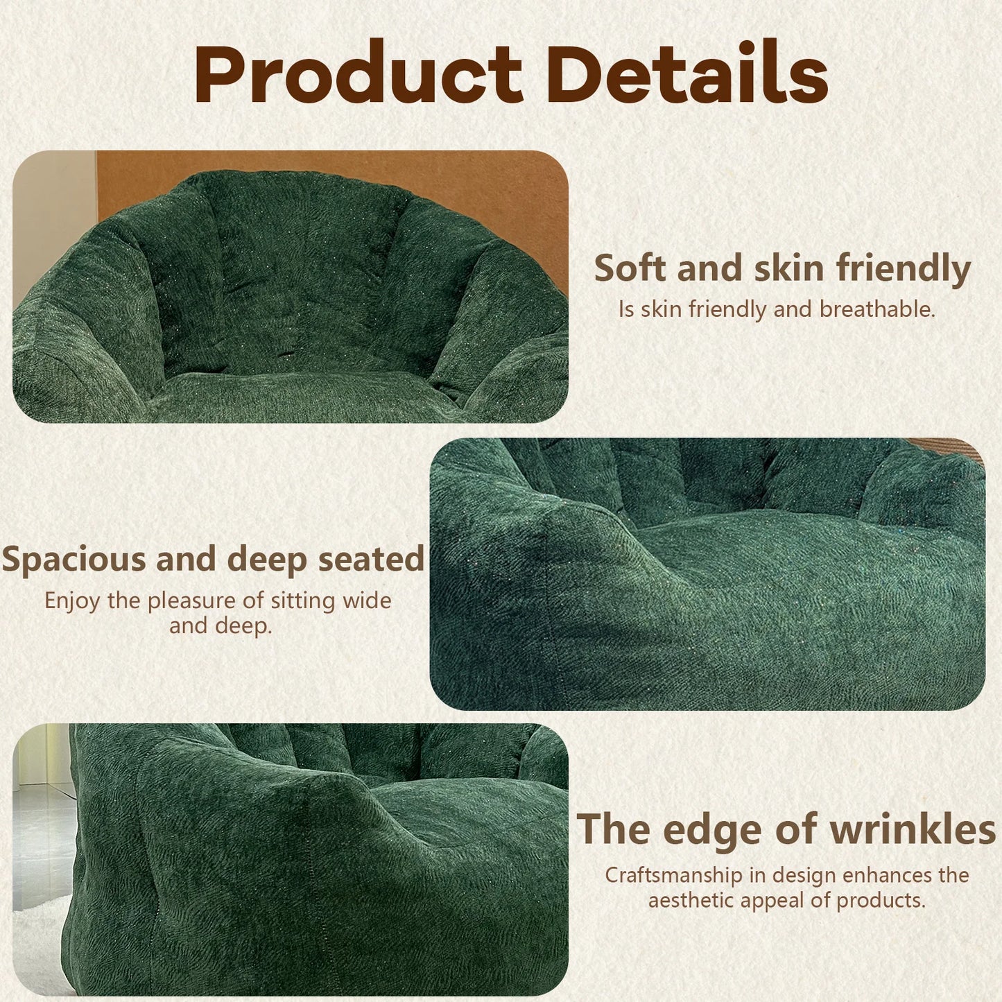 Premium Rabbit Fur Fabric Bean Bag Chair With Memory Foam