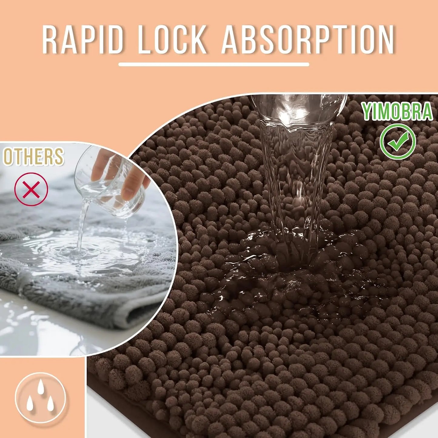 Yimobra Bathroom Rug Mat, Non Slip and Super Absorbent Bath Mat, Machine Washable Quick Dry, Ultra Plush Chenille Shower Rugs for Bathroom Floor Sink Tub and Shower Outside, Brown, 24 x 17