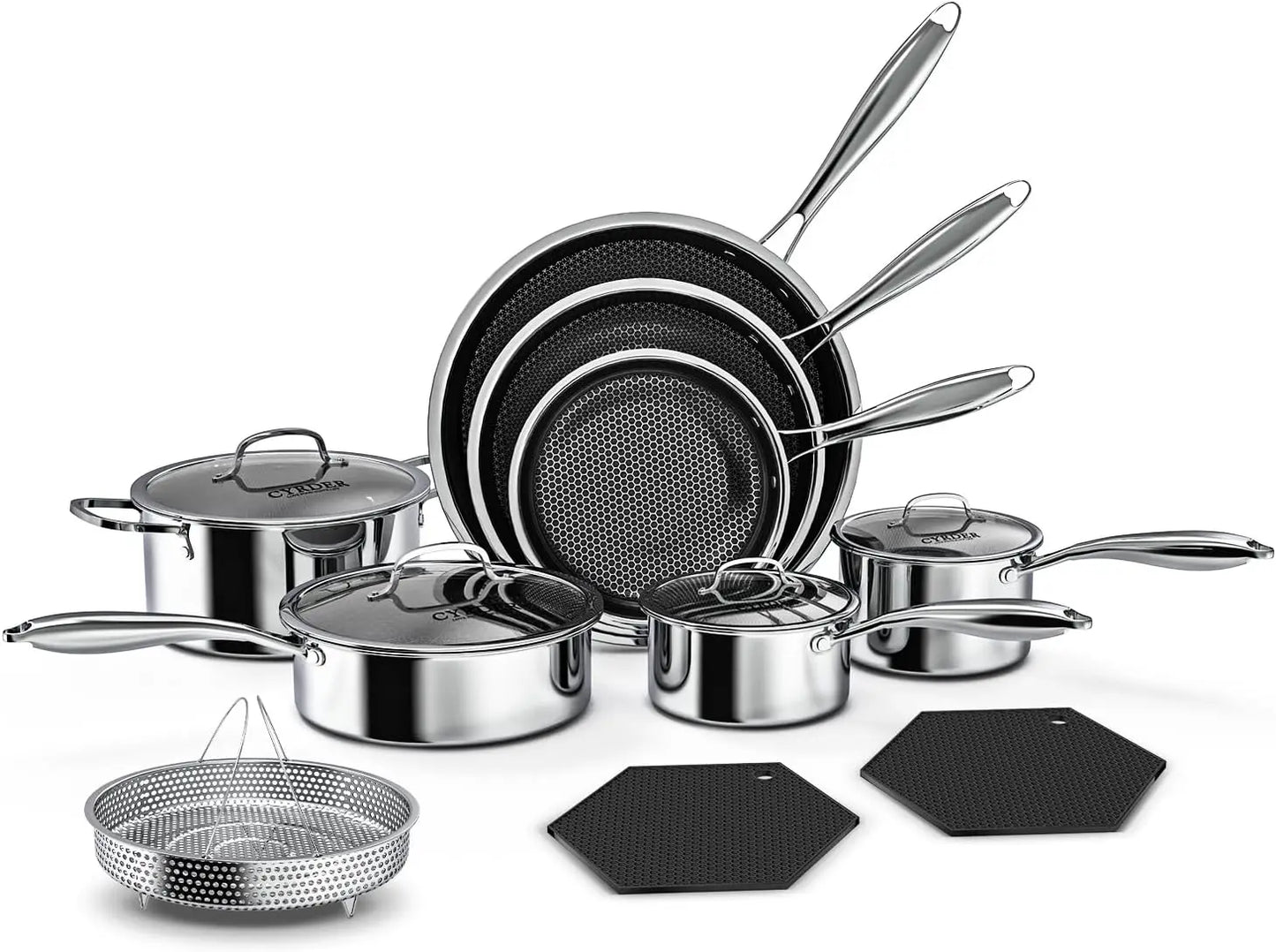 Nonstick 14 Piece Hybrid Hex Stainless Steel Cookware Set