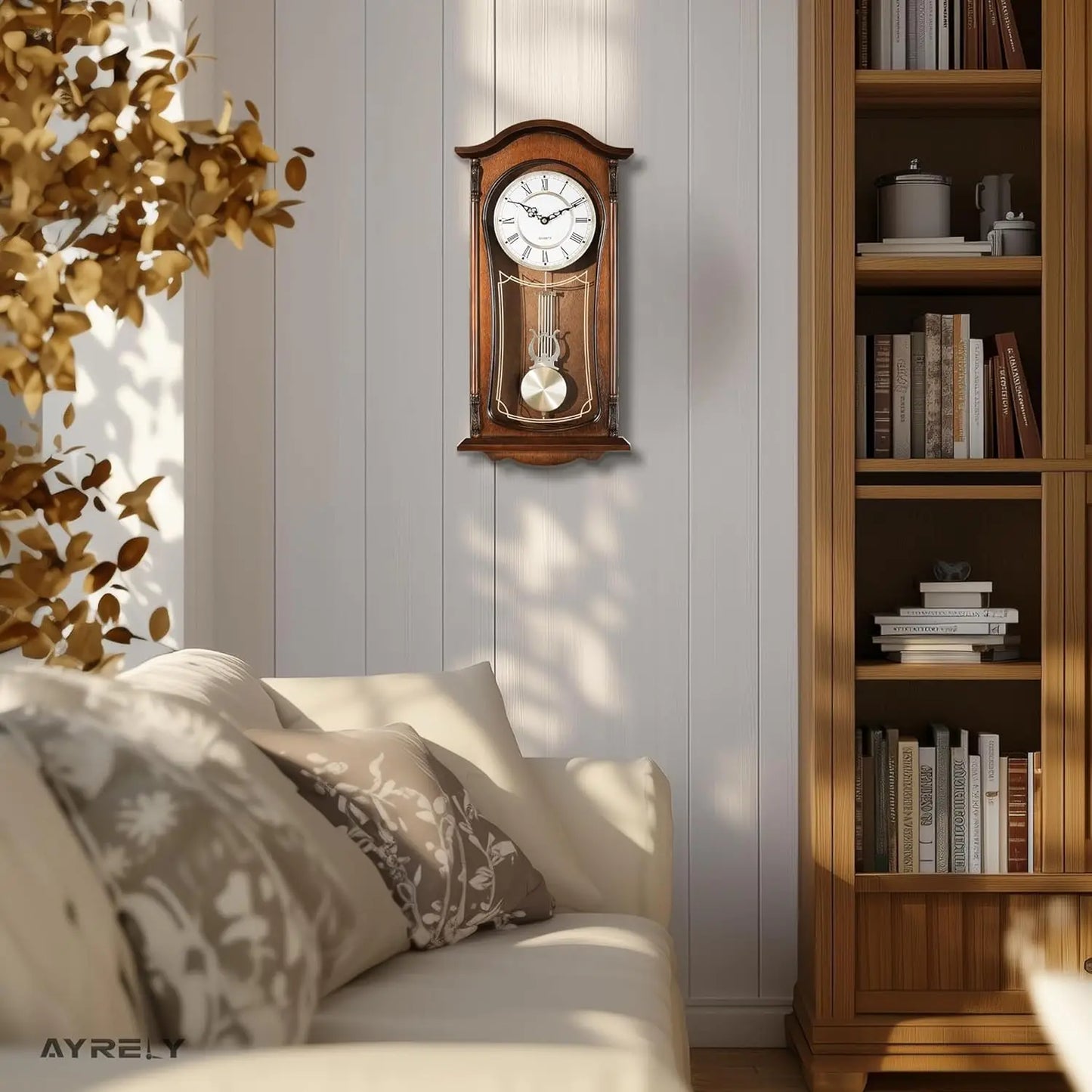 Vintage Grandfather Wall Clock With Pendulum And Chime In Mahogany Wood