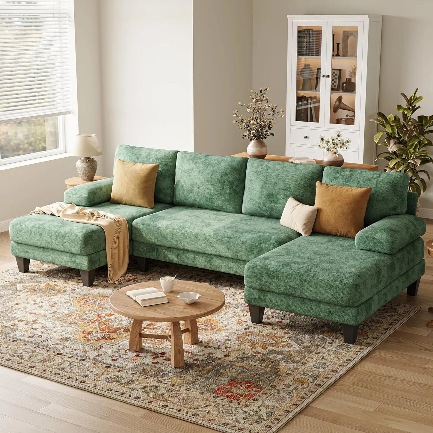 U Shaped Sectional Sofa With Double Chaise Chenille Living Room