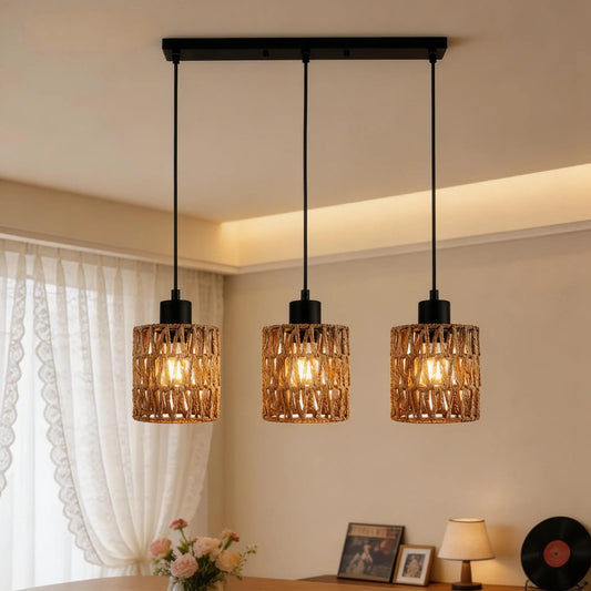 Light Pendant Lighting, Farmhouse Boho Hanging Light Fixture for Kitchen Island & Dining Room, Industrial Vintage Ceiling Lamp with E26 Base, Adjustable Height, Rattan Pendant Light