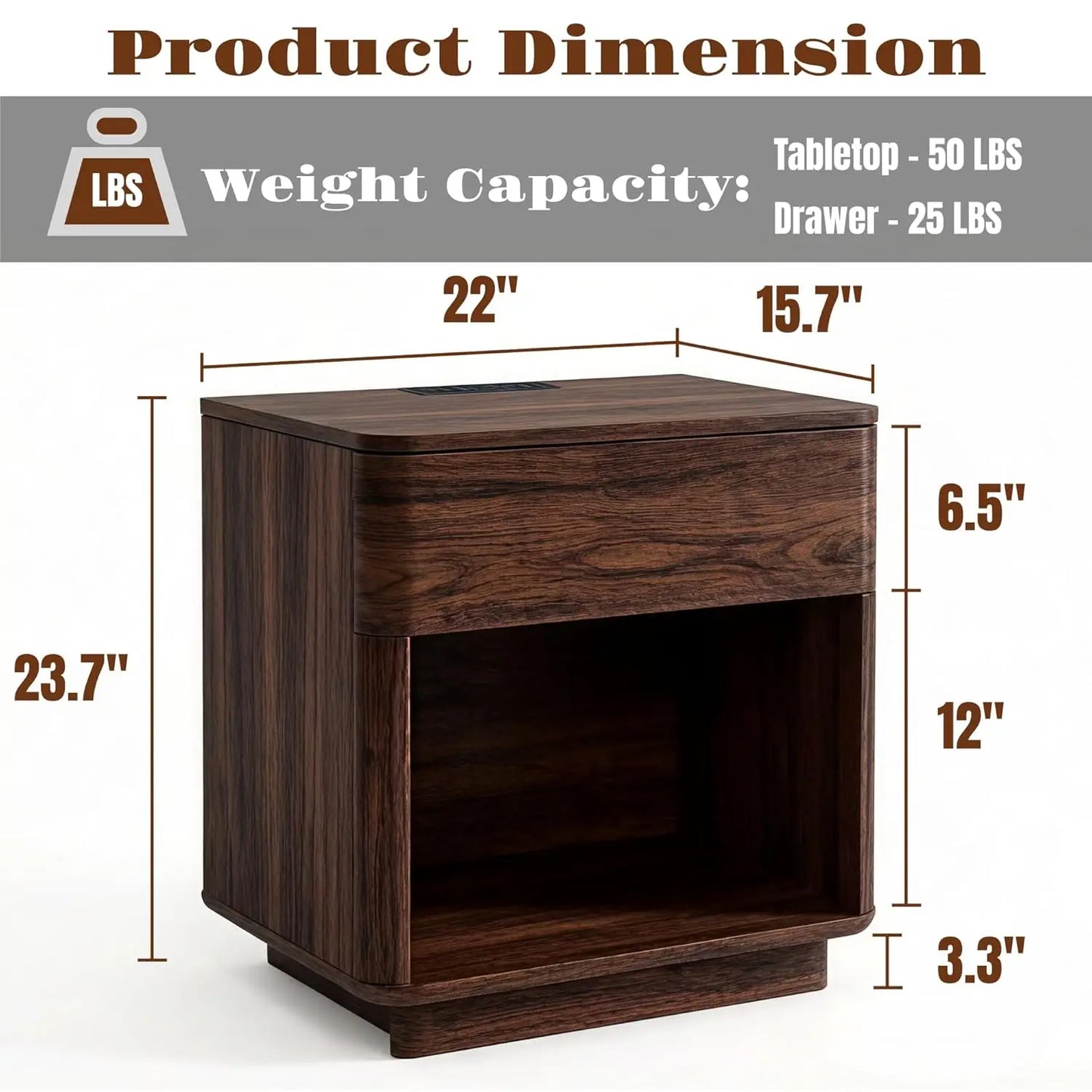 Modern Wood Nightstand Set of 2, 22" Wide Night Stand with Charging Station, Storage Drawer & Open Shelf, Large, Customized