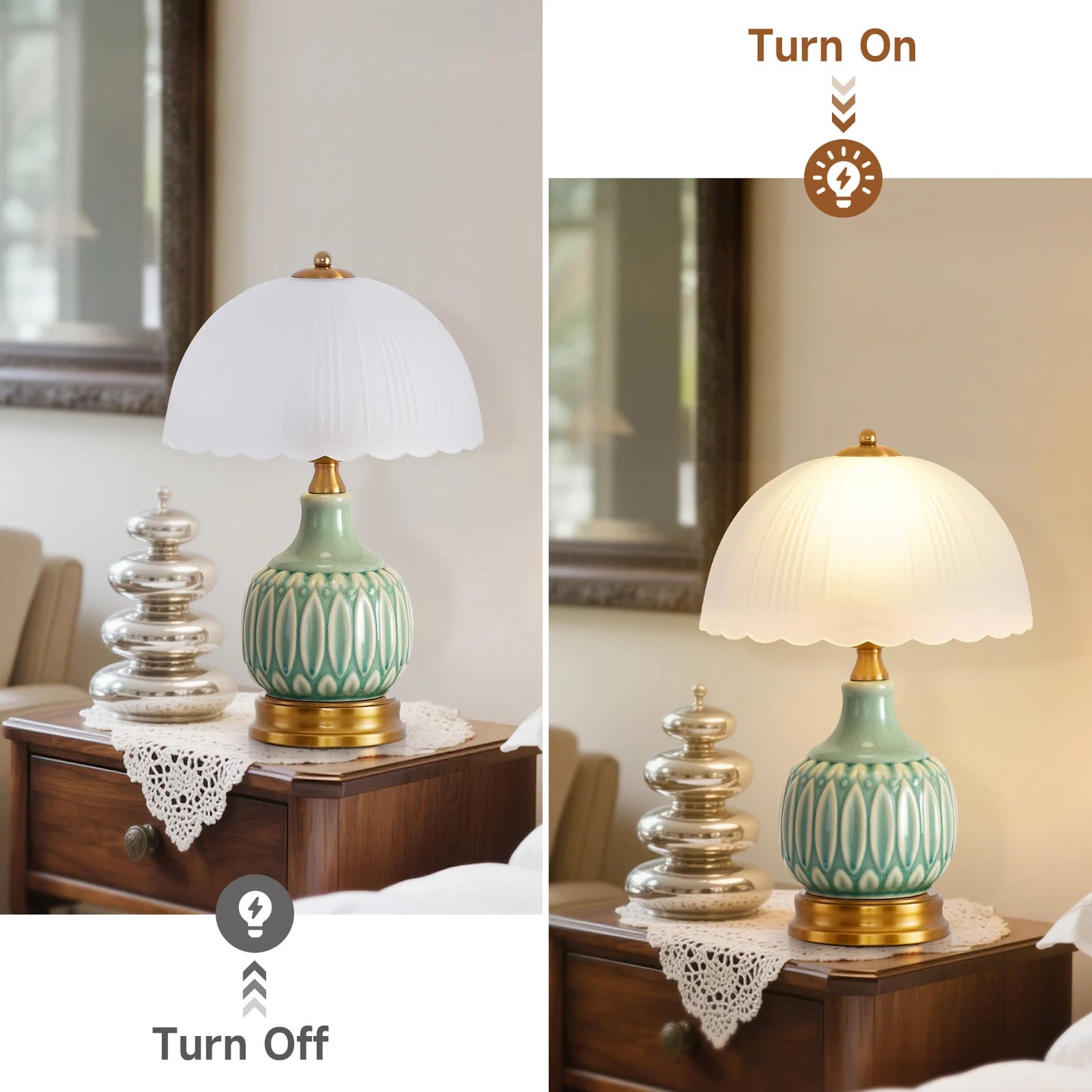 Retro Farmhouse Ceramic Bedside Table Lamp, Green Crackle Glaze Embossed Vase Lamp Body, Scalloped Pleated Frosted Glass Lampshade, 3 Color Temperature Dimmable Nightstand Lamp with Luxury Brass Fittings, Decorative Accent Li