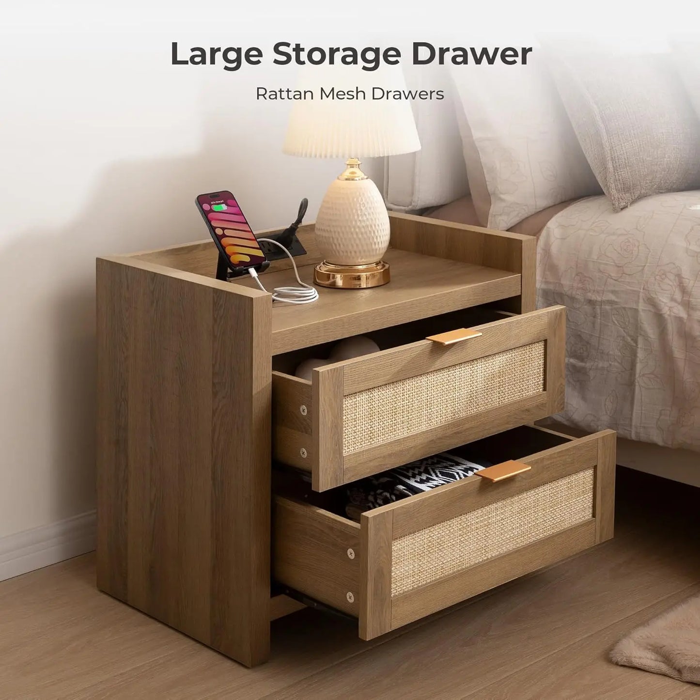 Rattan Nightstand End Table - Night Stand Bedside Table with Type-C Charging Station, 2 Drawers Storage - Boho, Customized