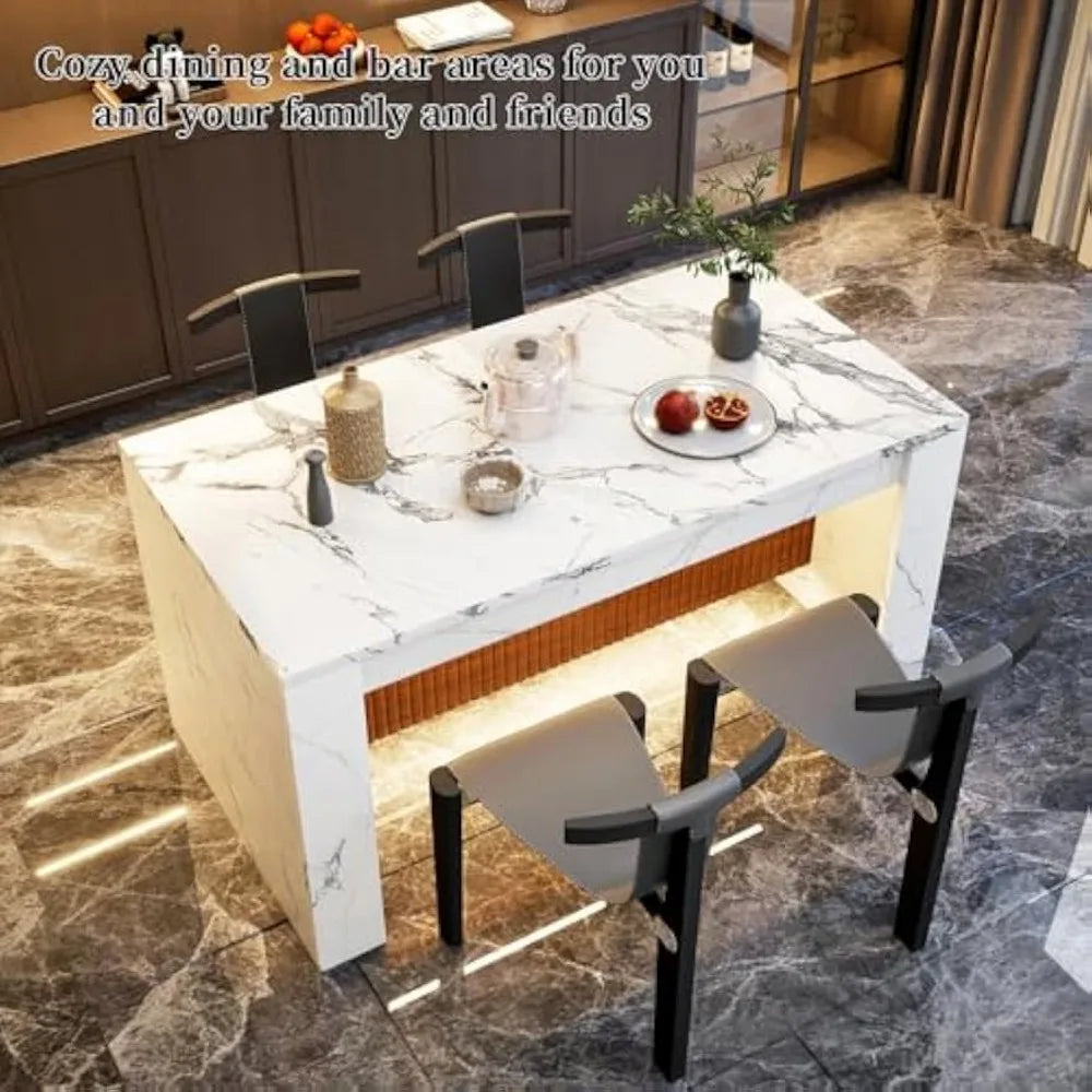 Faux Marble Dining Table With LED Lights For Modern Kitchen