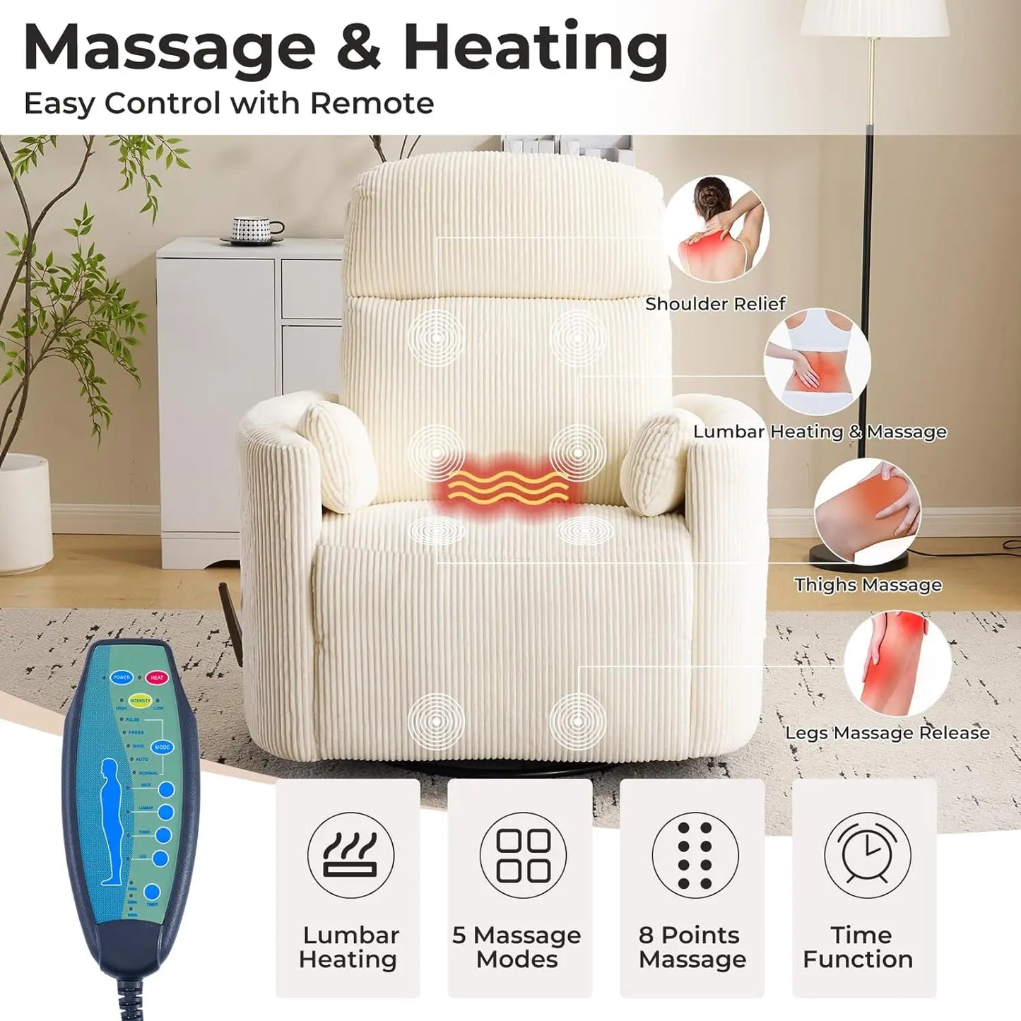 Oversized Swivel Rocker Recliner with Massage and Heat, Swivel Nursery Recliner with Adjustable Headrest, Manual, Customized