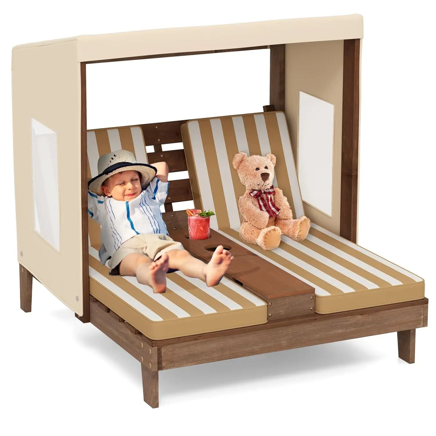 Wood Double Chaise Canopy Cup Holder Chair For Kids
