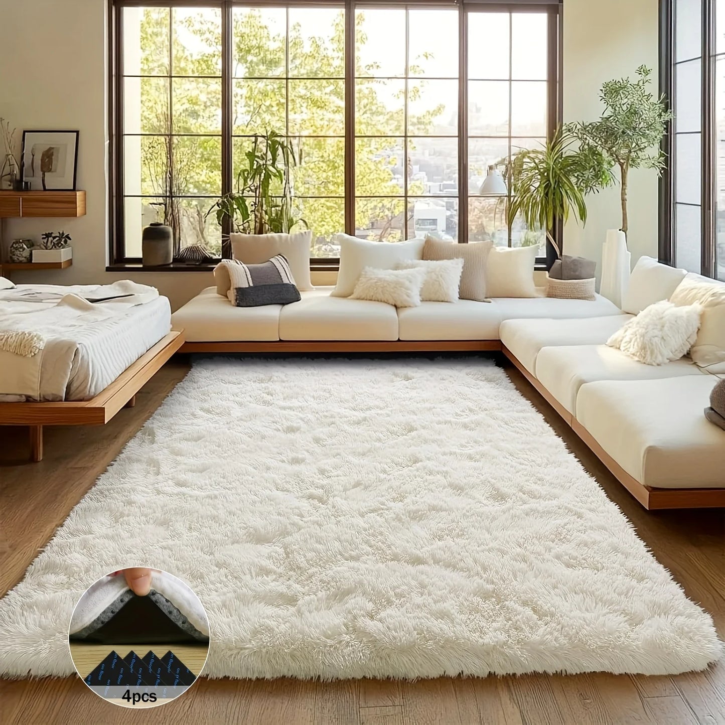 Off White Soft Shaggy Non Slip Rug For Living Room