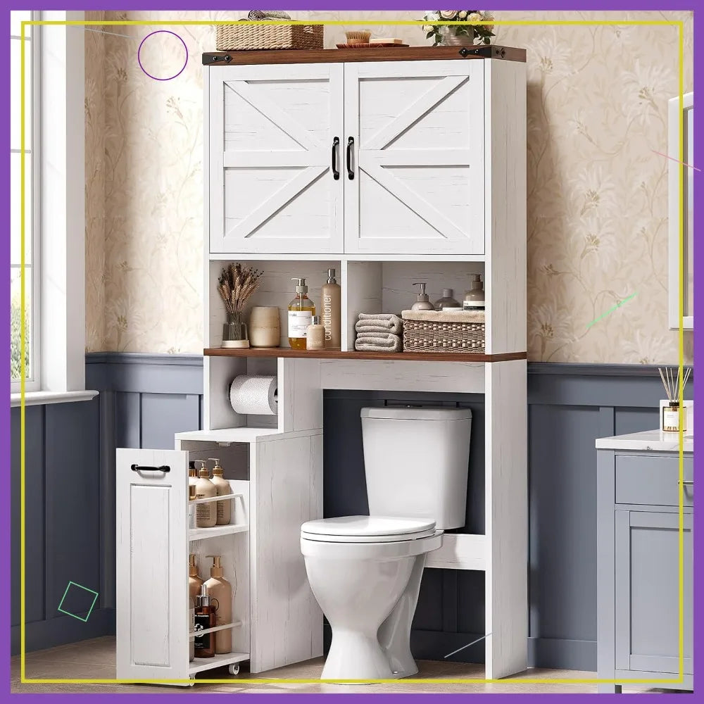 Farmhouse Over Toilet Storage Cabinet With Pulley And Casters