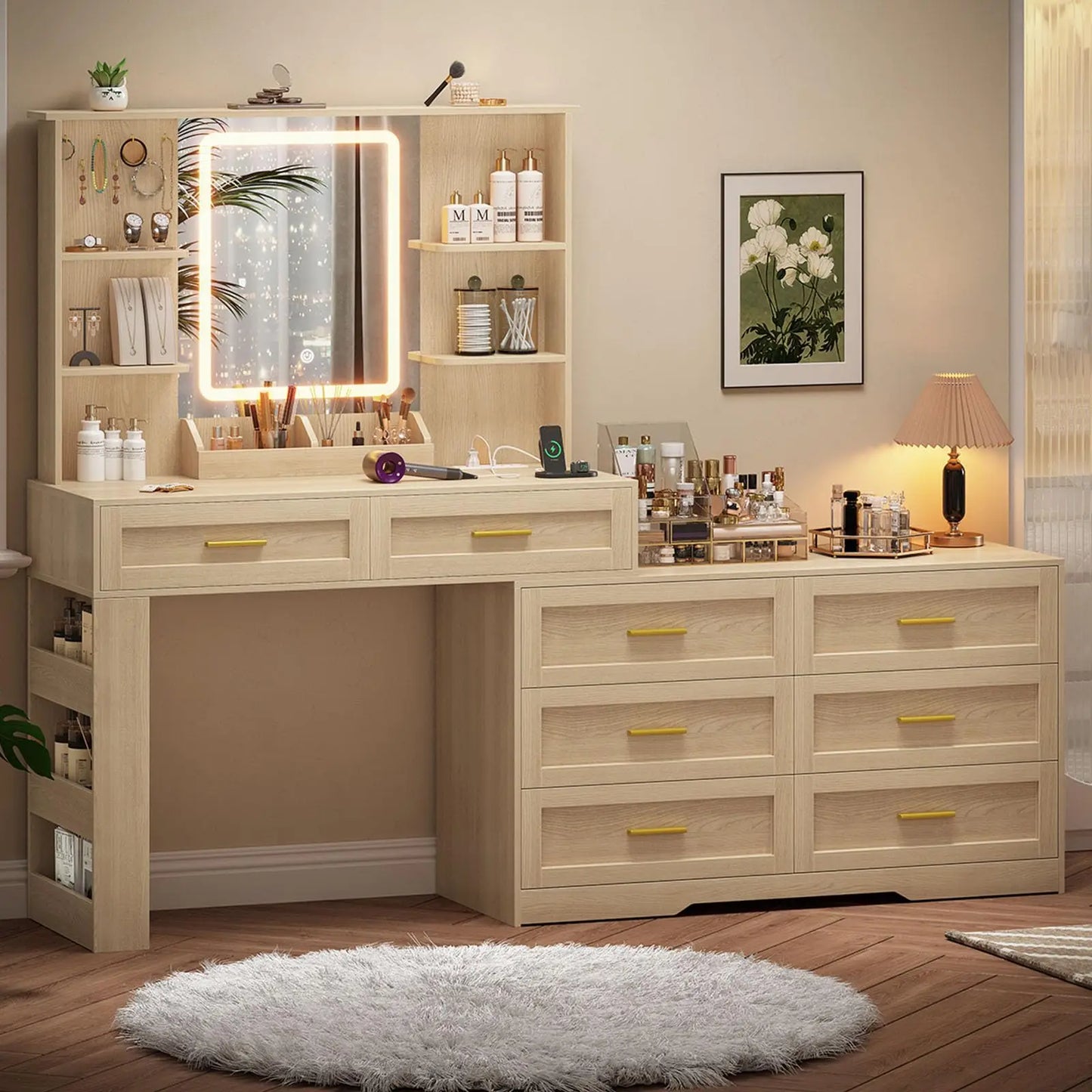 Makeup Vanity Table With Lighted Mirror And Power Outlet