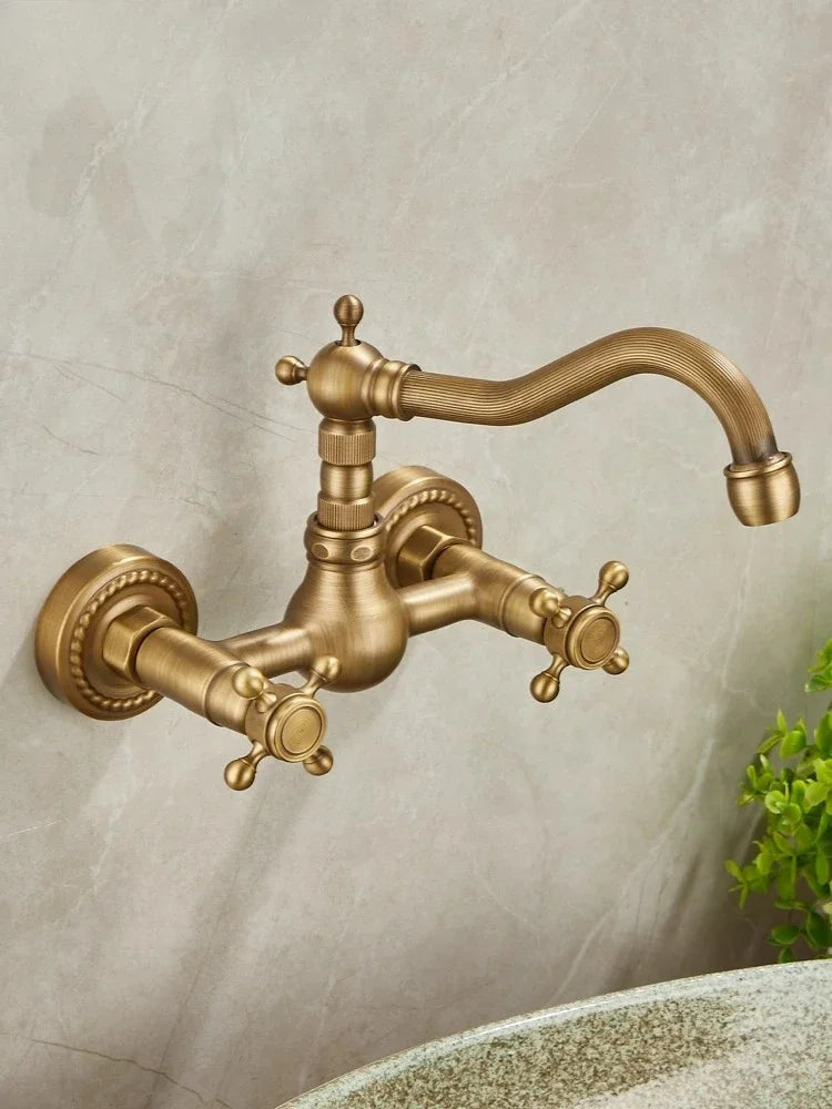 Brass Antique Wall Mounted Washbasin Faucets Double Handle Double Hole Rotatable Wall Mounted Retro Hot and Cold Faucet