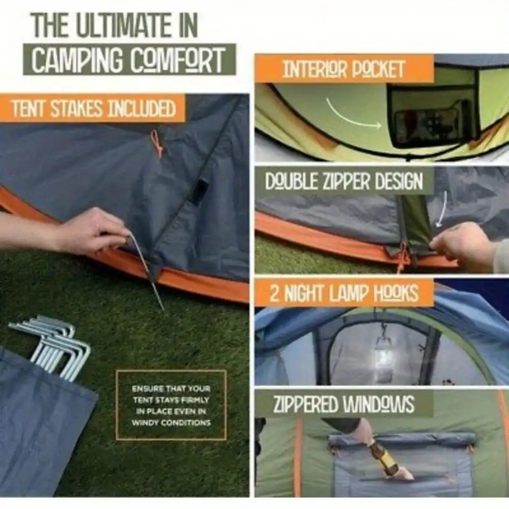 Pop Up Camping Tent 4 Person 2 Doors UPF50 Waterproof