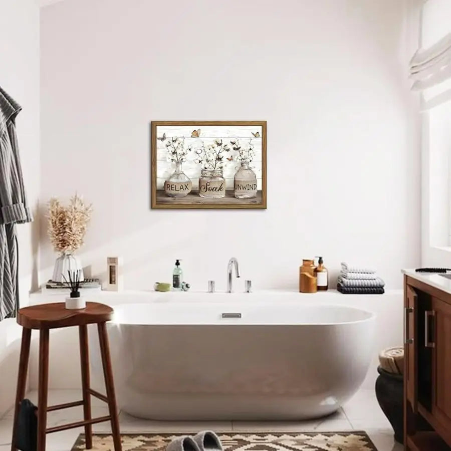 Bathroom Decor Wall Art Framed Rustic Cotton Canvas Painting