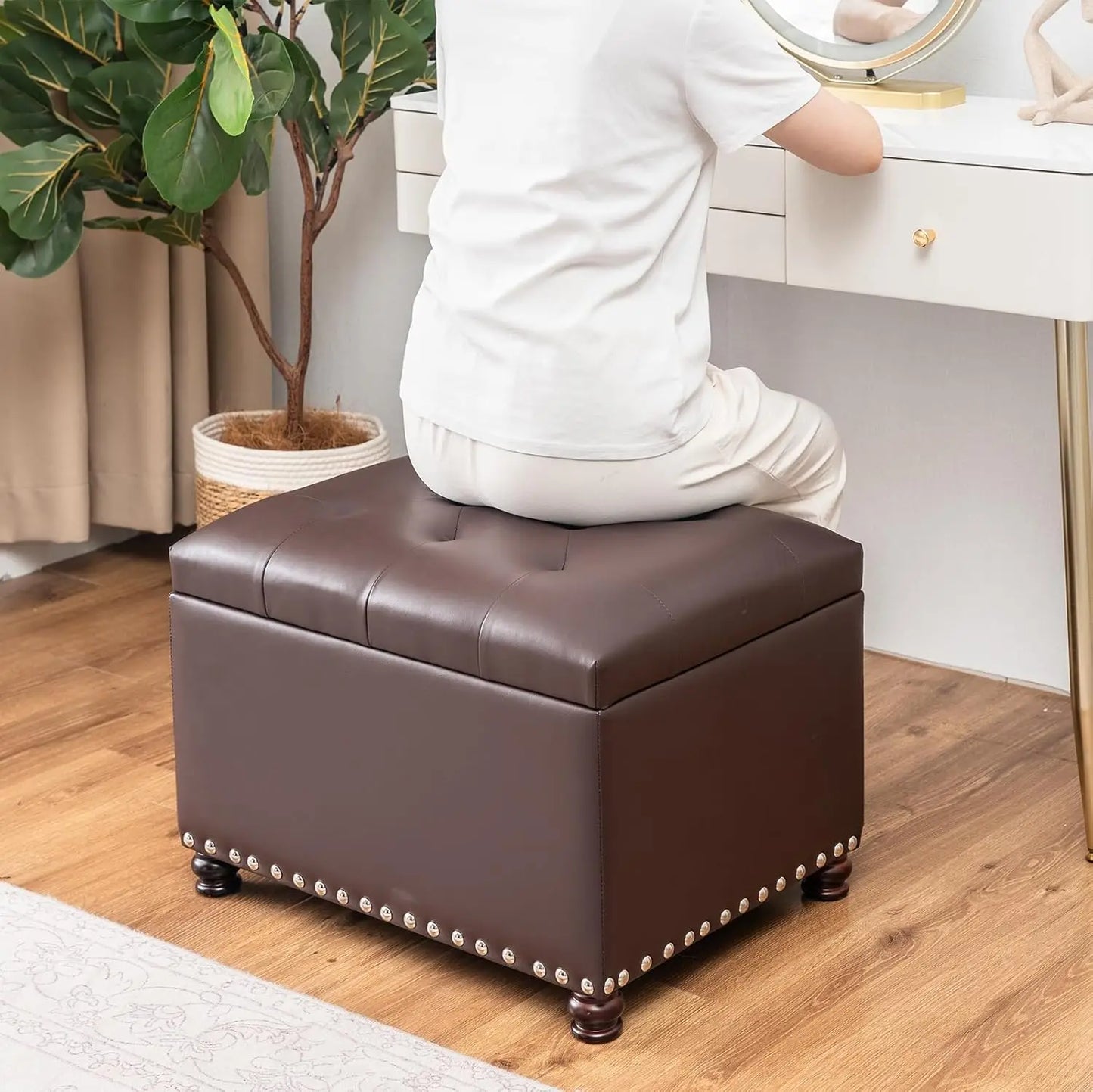 Faux Leather Storage Ottoman Bench Modern Rectangle Foot Rest