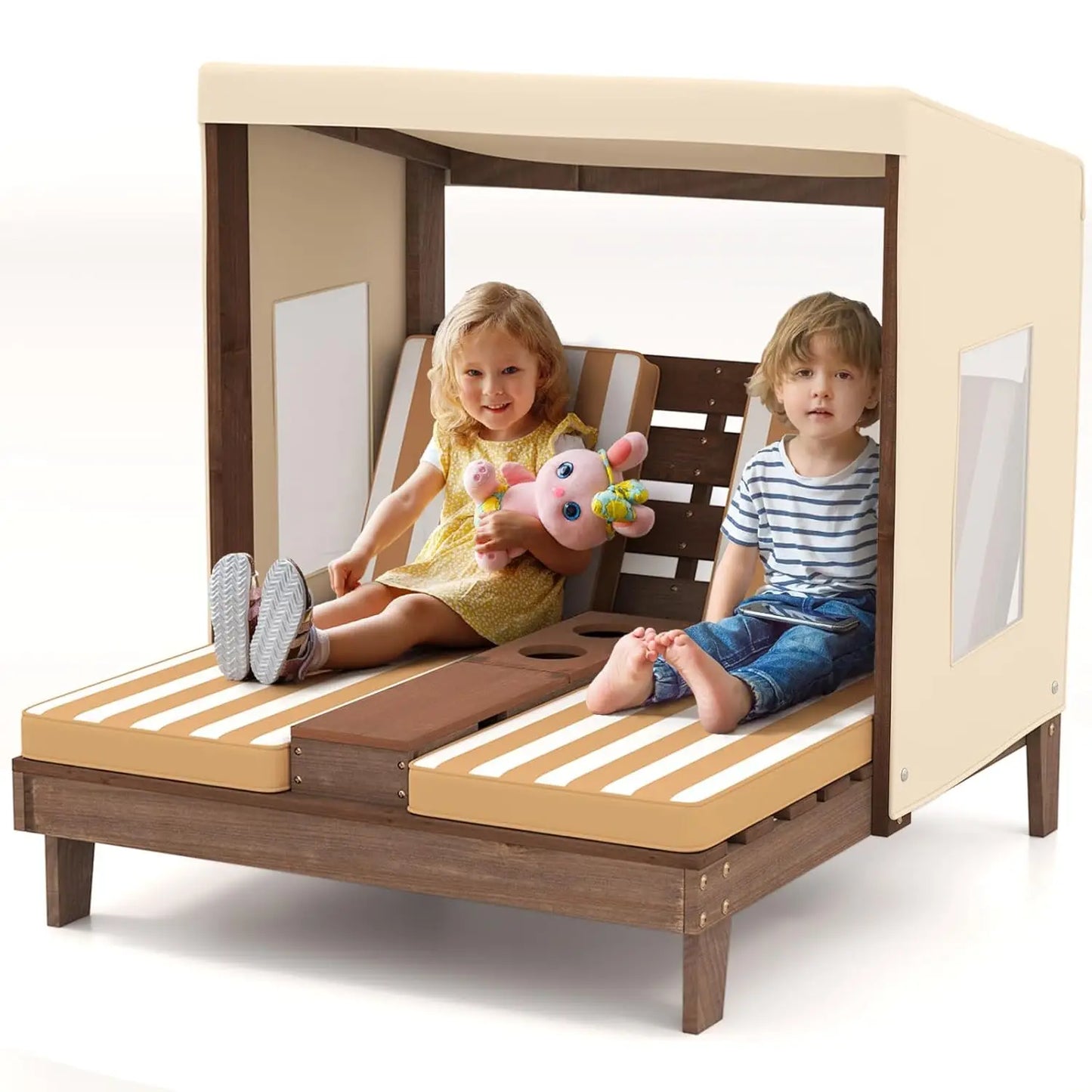 Kids Outdoor Wooden Lounge Chair With Canopy And Cup Holders