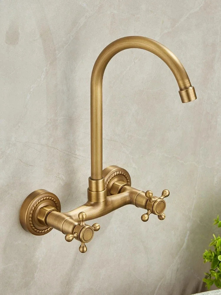 Brass Antique Wall Mounted Washbasin Faucets Double Handle Double Hole Rotatable Wall Mounted Retro Hot and Cold Faucet