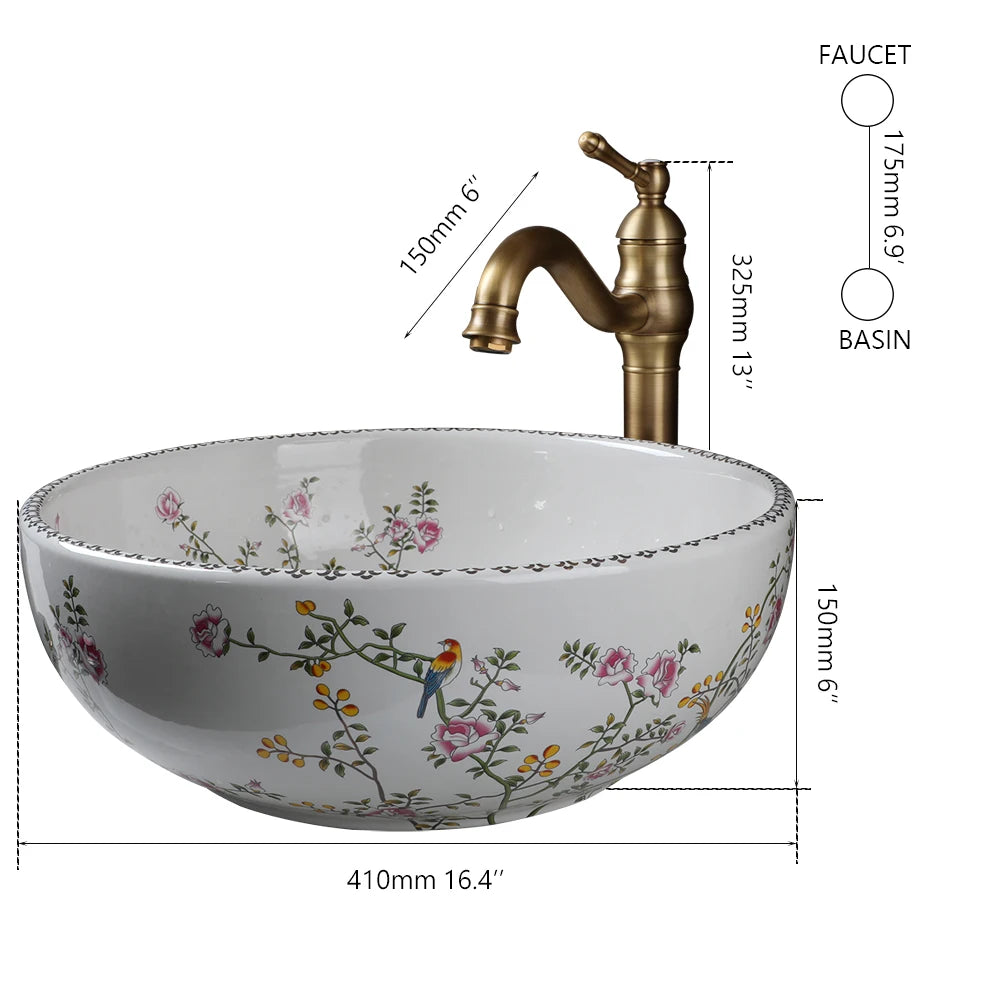 KEMAIDI Bathroom Ceramic Vessel Sinks White Round Porcelain Vessel Sink Counter Top Flower Bird Pattern Bowl Sinks for Bathrooms
