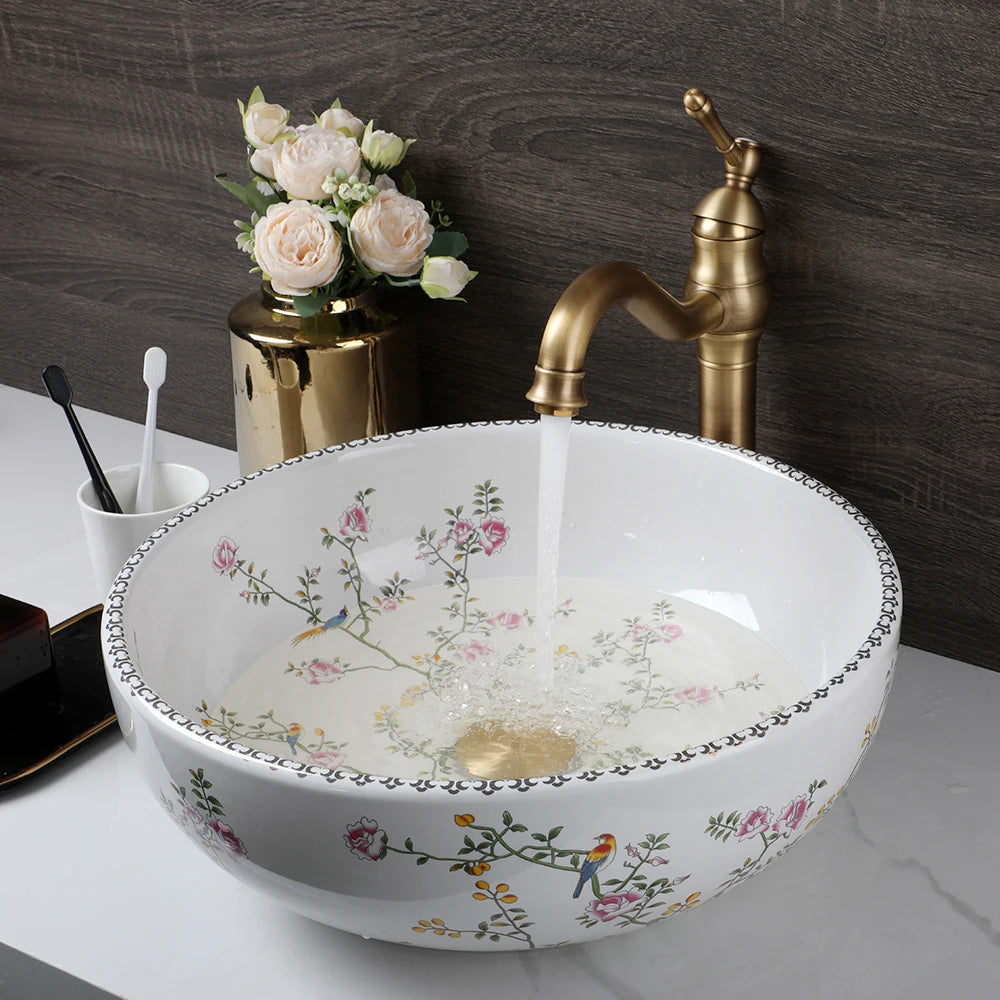 KEMAIDI Bathroom Ceramic Vessel Sinks White Round Porcelain Vessel Sink Counter Top Flower Bird Pattern Bowl Sinks for Bathrooms
