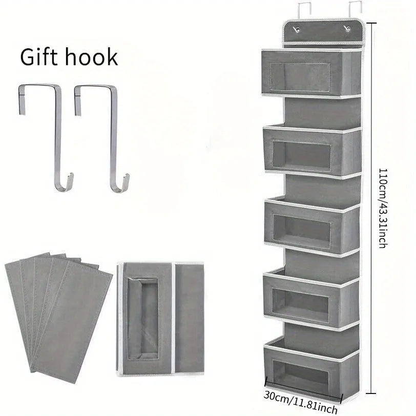 Door Hanging Storage Rack - 5+5 Pockets for Everyday Storage with 5 Large Clear & Mesh Side Pockets Over-The-Door Multi-Pocket Organizer Hangable Black Large Capacity Anti-Tilt Design Heavy-Duty