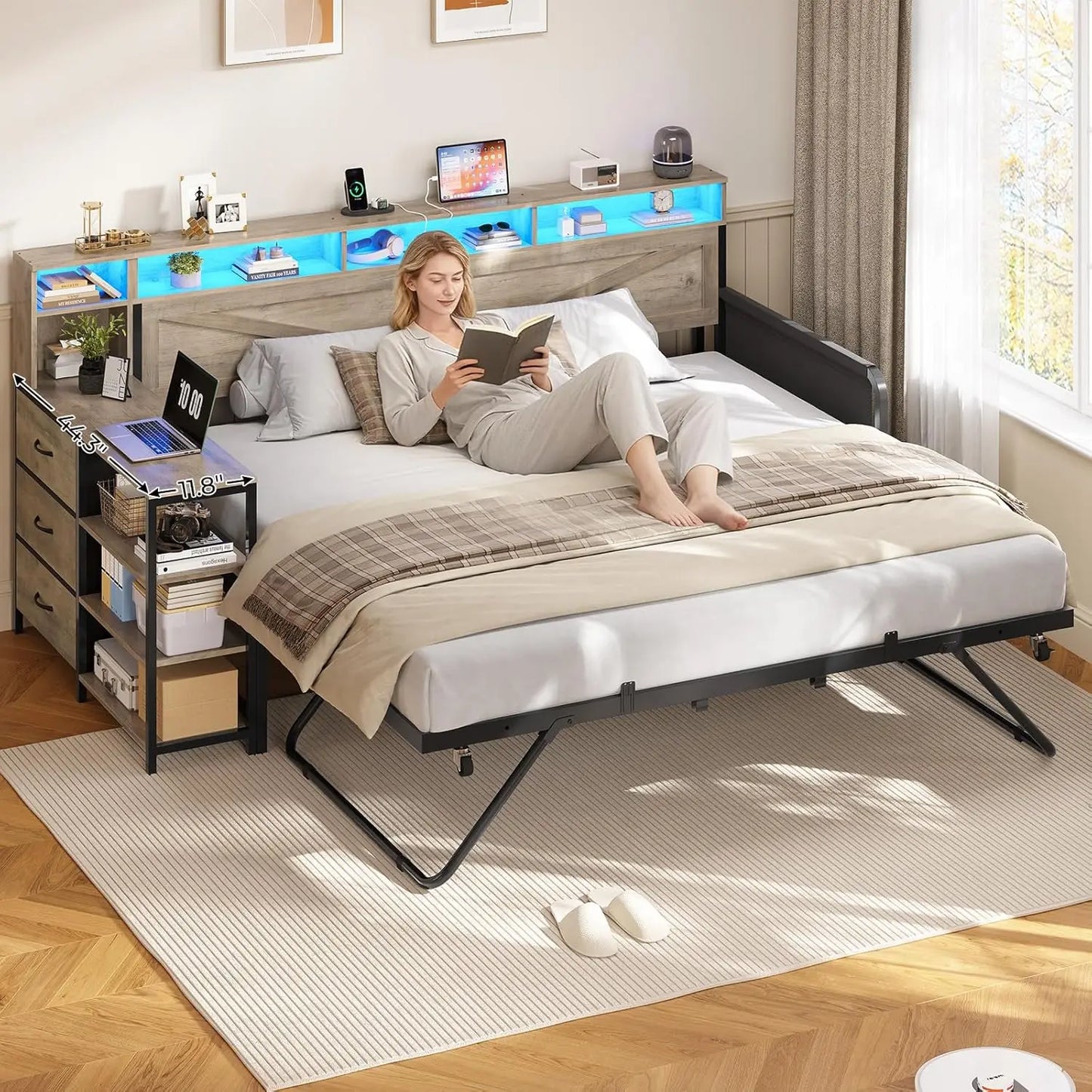 BIANXIANG Daybed With Trundle And Storage Drawers Farmhouse Wood