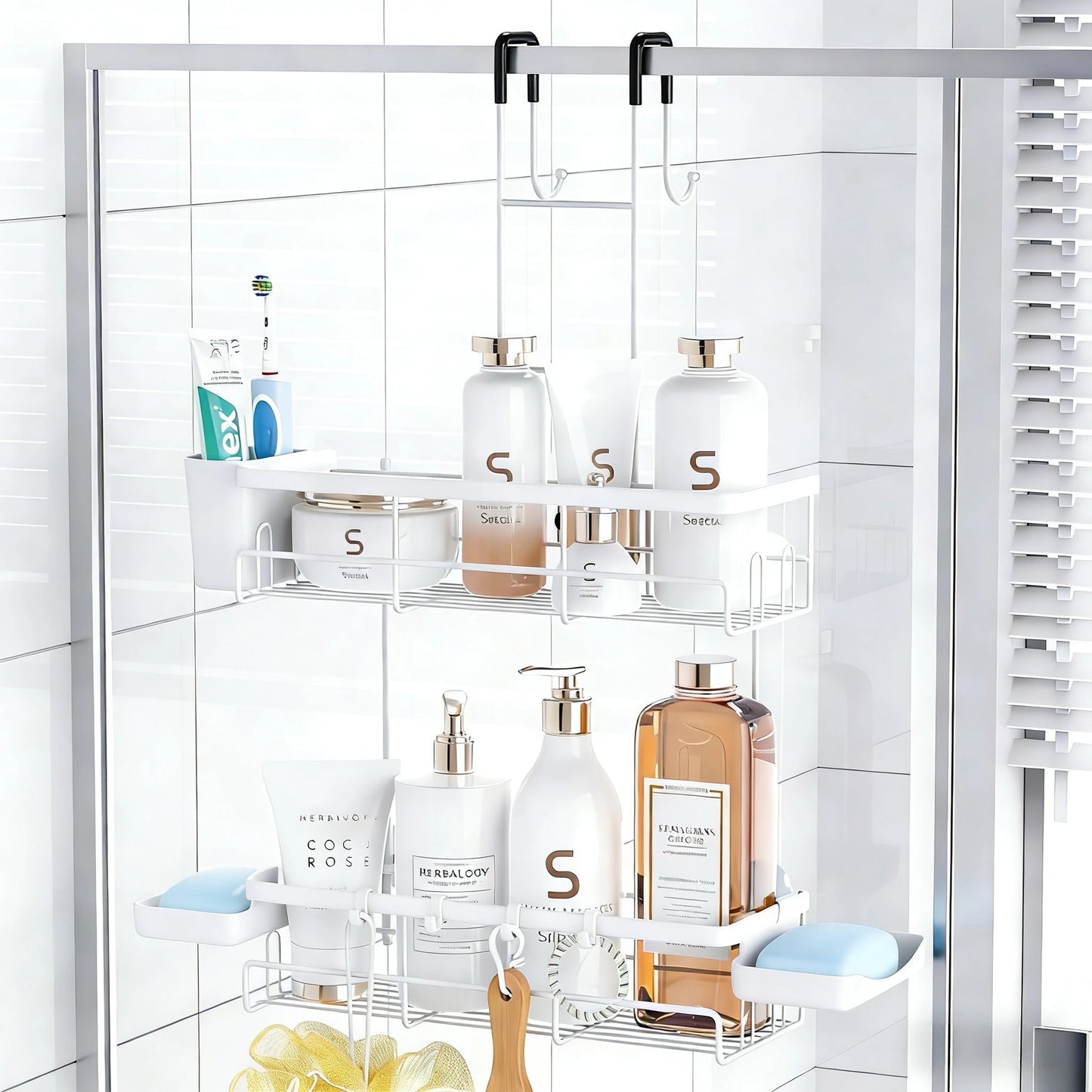 Shower Caddy Adhesive, No Drill Bathroom Shower Organizers, with Removable Hooks, Rust Proof Shower Shelves, Wall-Mounted Shower Holder