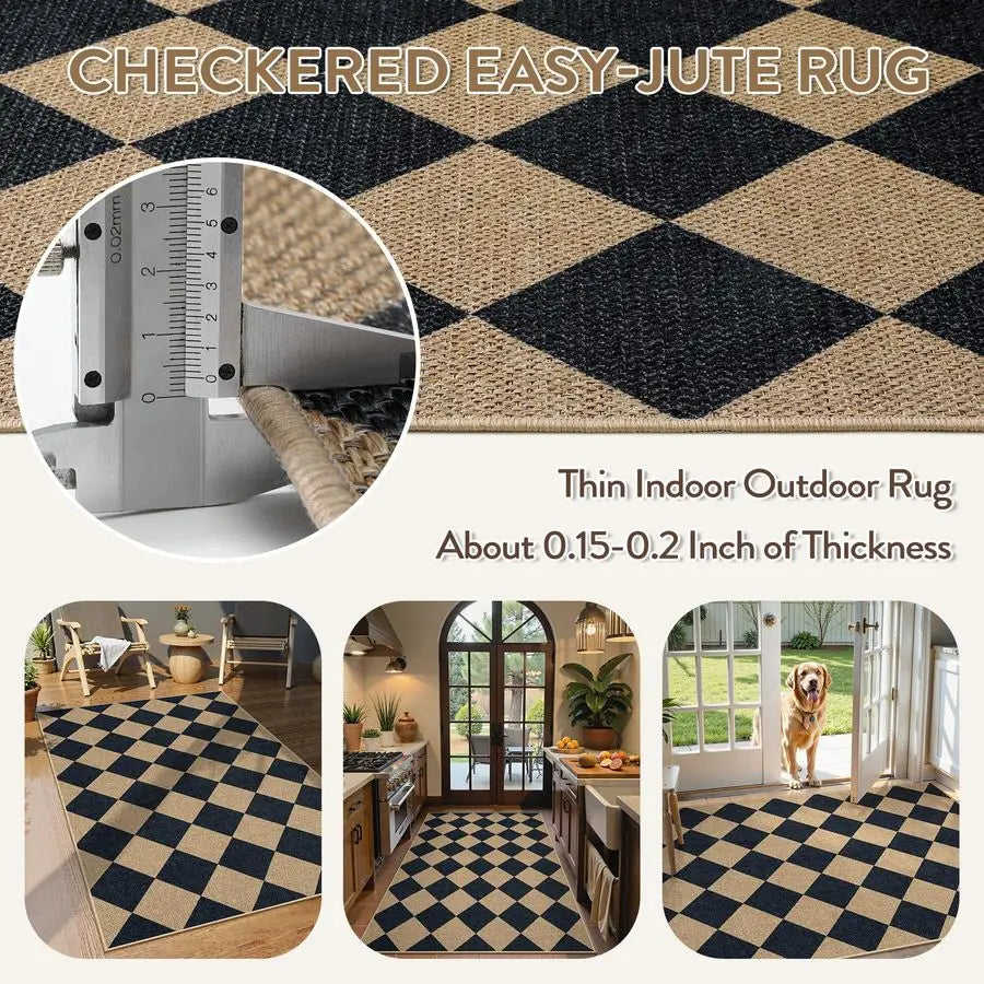 Natural Checkerboard Jute Outdoor Patio Rug For Entryway And Living