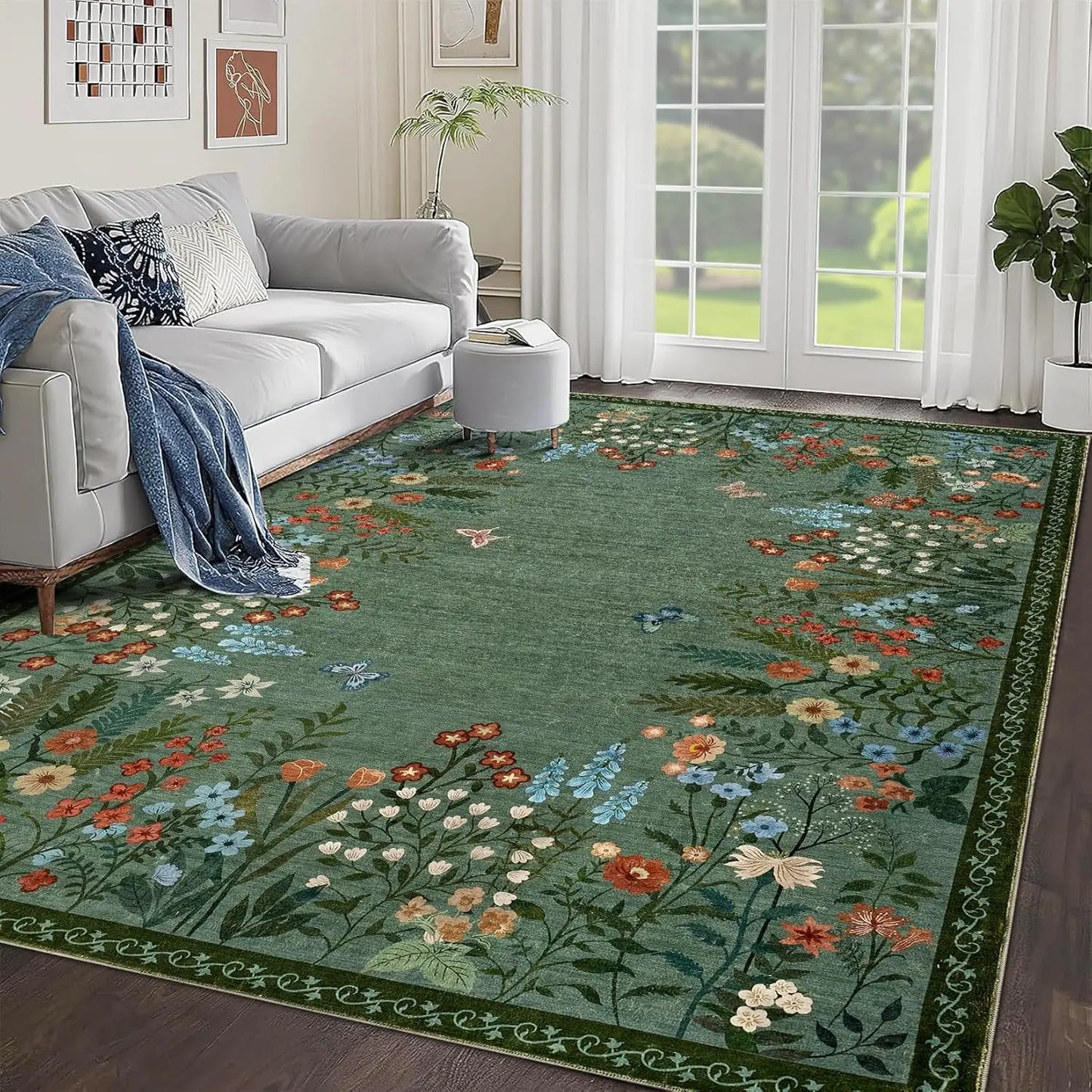 HiMISS Boho Floral Washable Entryway Rug Non Slip Carpet