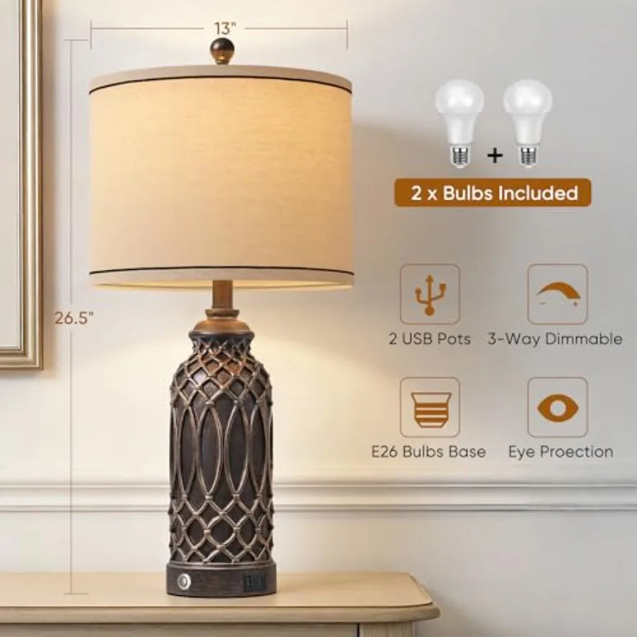 Farmhouse Table Lamps Set of 2 Black-Gold Resin Table Lamps with USB Ports Touch Button Switch Woven Wicker Pattern Linen Shade