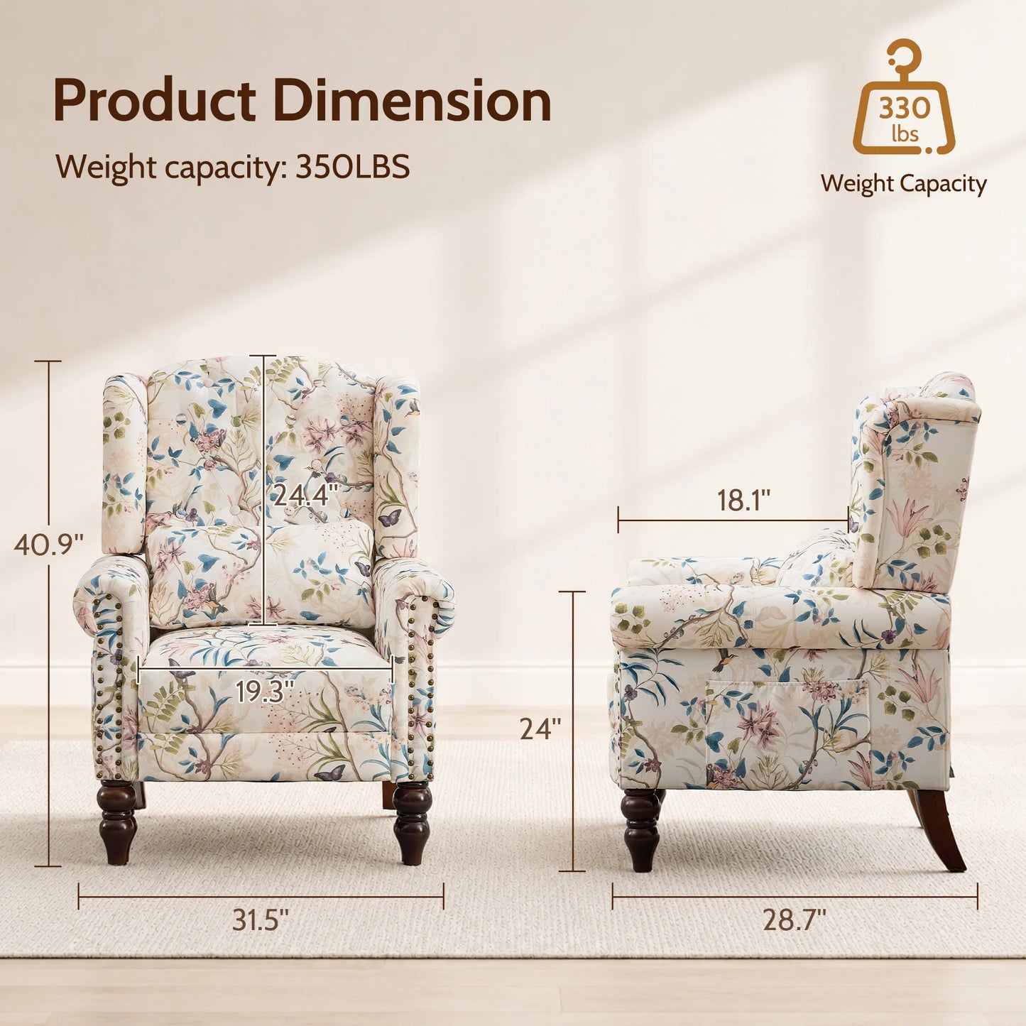 TCGBKAF Vintage Floral Wingback Club Accent Chair with Arms Mid-Century Modern Armchair Fabric Upholstered Mid Back Single Sofa Chair for Home