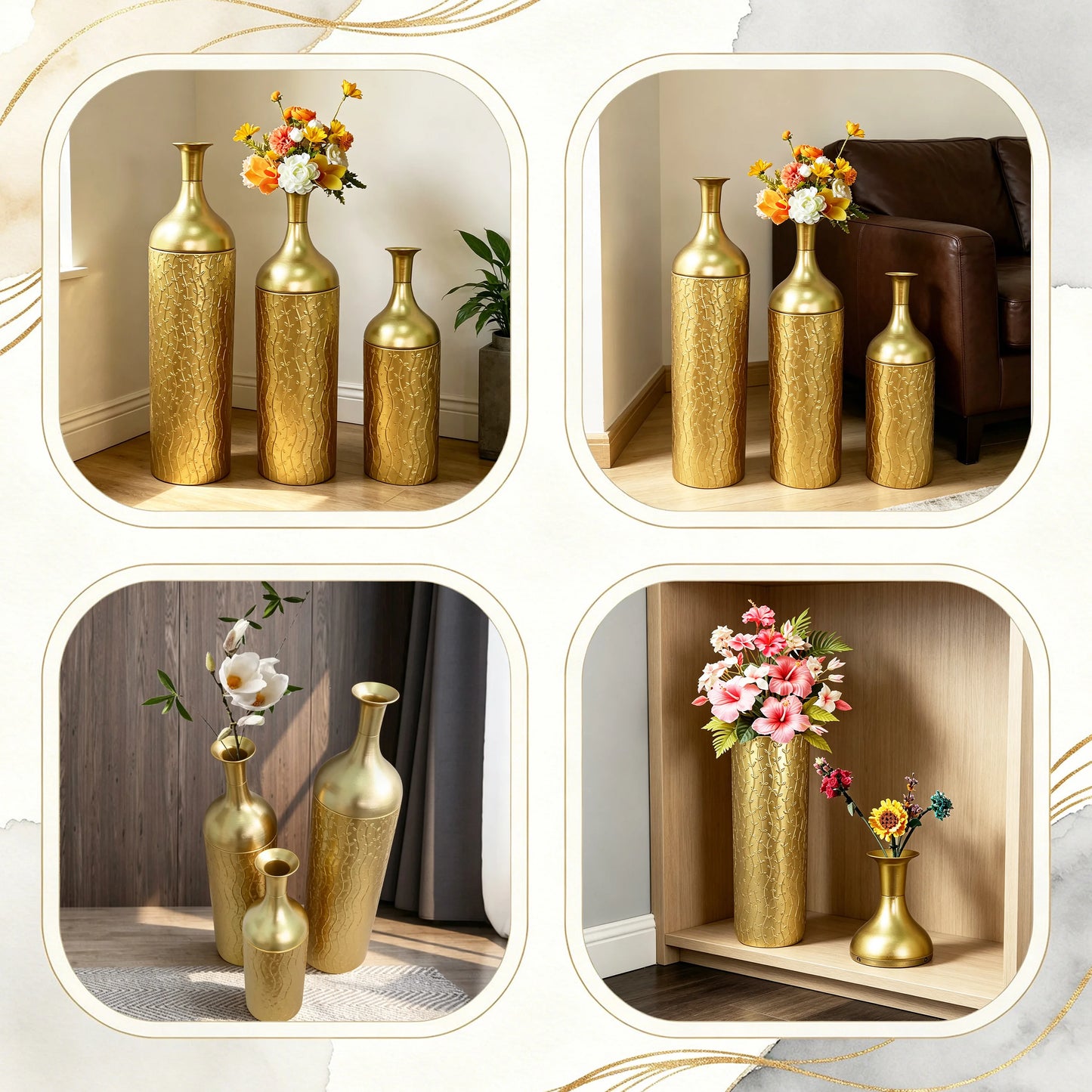Modern White Metal Floor Vases Set of 3, Tall Gold Leaf Glazed Cylindrical Vase for Entryway Living Room Home Decor