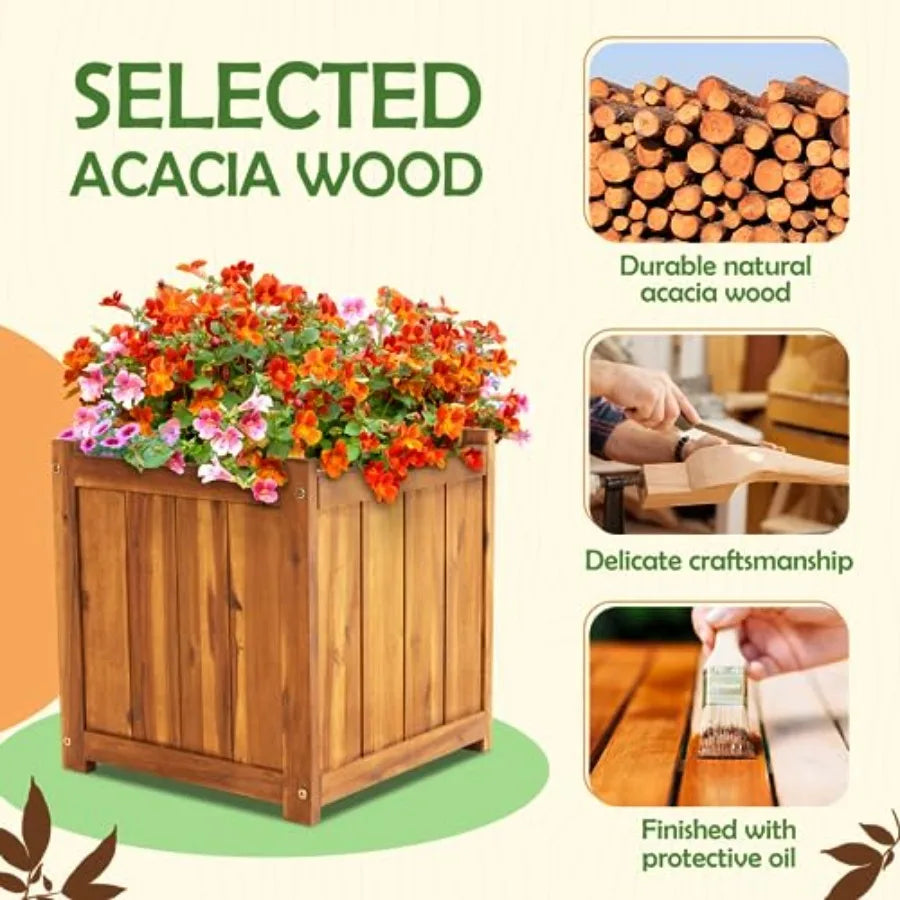 Acacia Wood Outdoor Flower Boxes With Ergonomic Handles