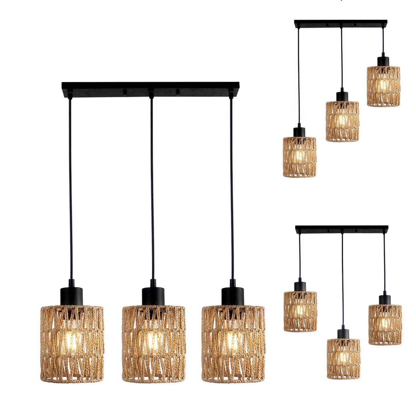 Light Pendant Lighting, Farmhouse Boho Hanging Light Fixture for Kitchen Island & Dining Room, Industrial Vintage Ceiling Lamp with E26 Base, Adjustable Height, Rattan Pendant Light
