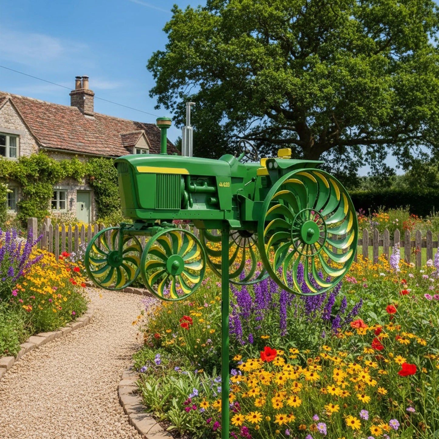 Shunmaii Metal Wind Spinner With Rotating Tractor Wheels Garden