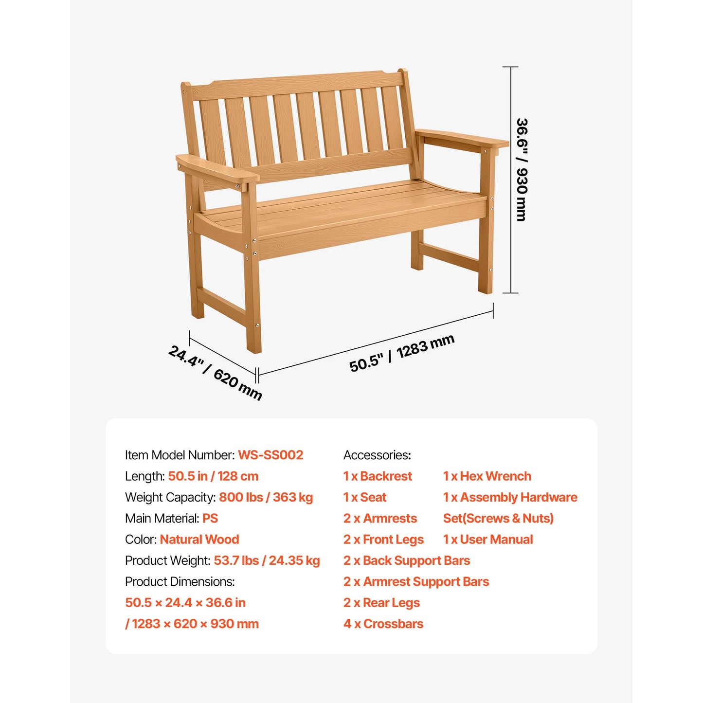 SucceBuy Outdoor Bench Wood Metal Garden Seating 480 Lbs Load Capacity