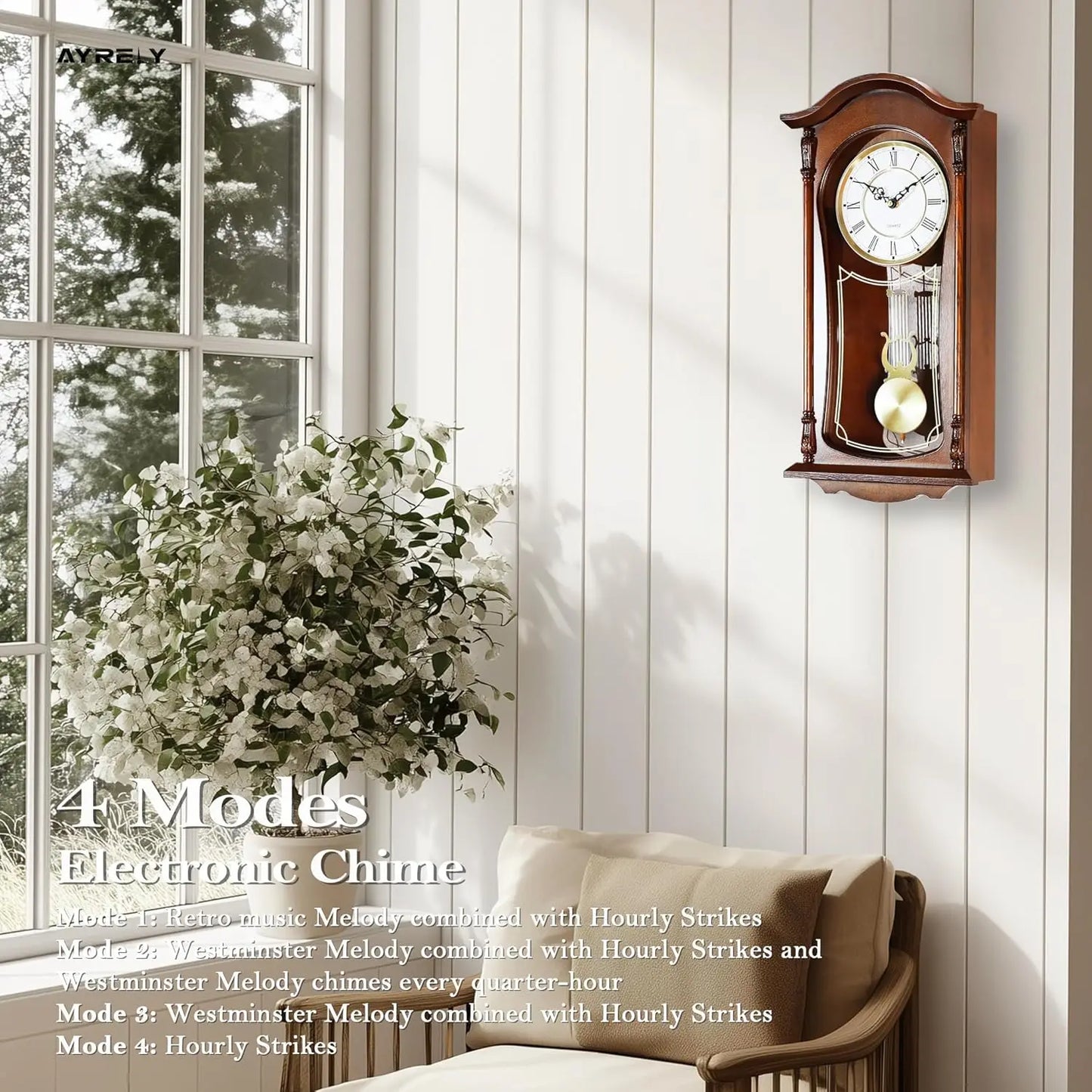 Vintage Grandfather Wall Clock With Pendulum And Chime In Mahogany Wood