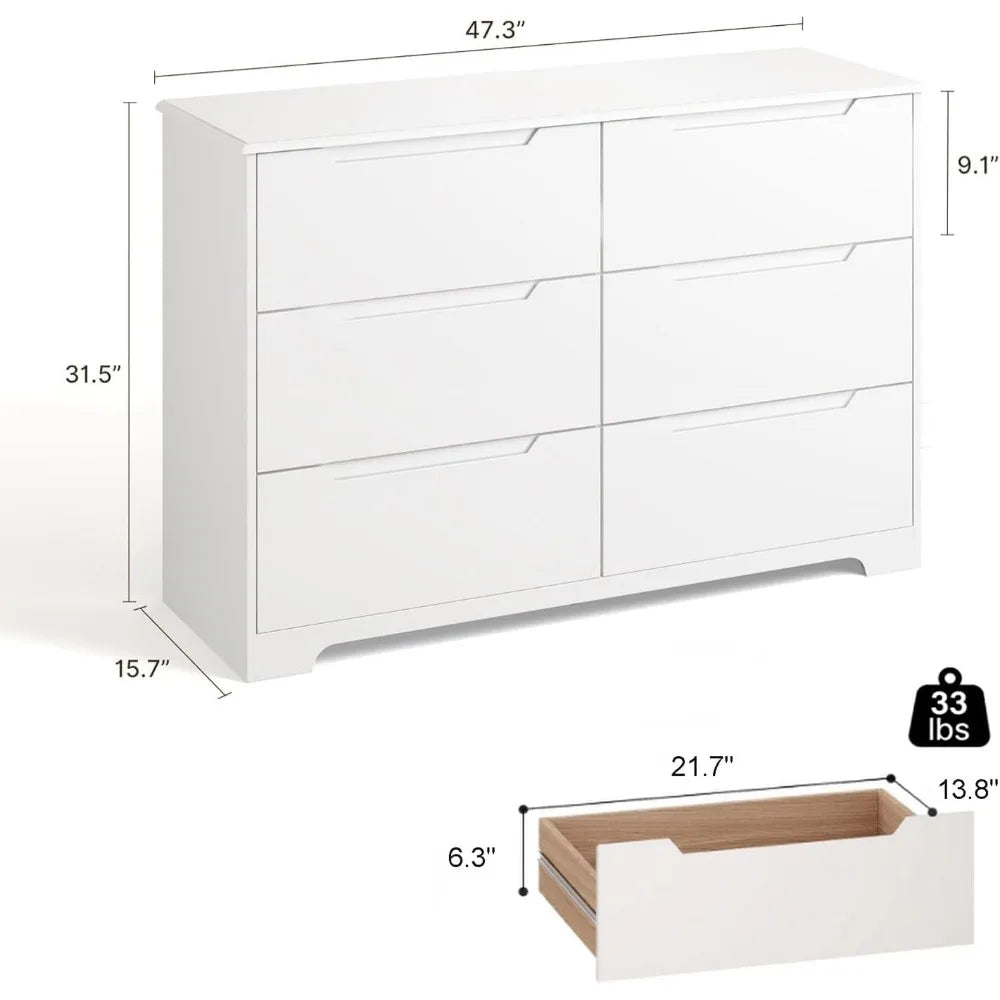 6-Drawer Wooden Dresser With Anti-Tip Design For Bedroom