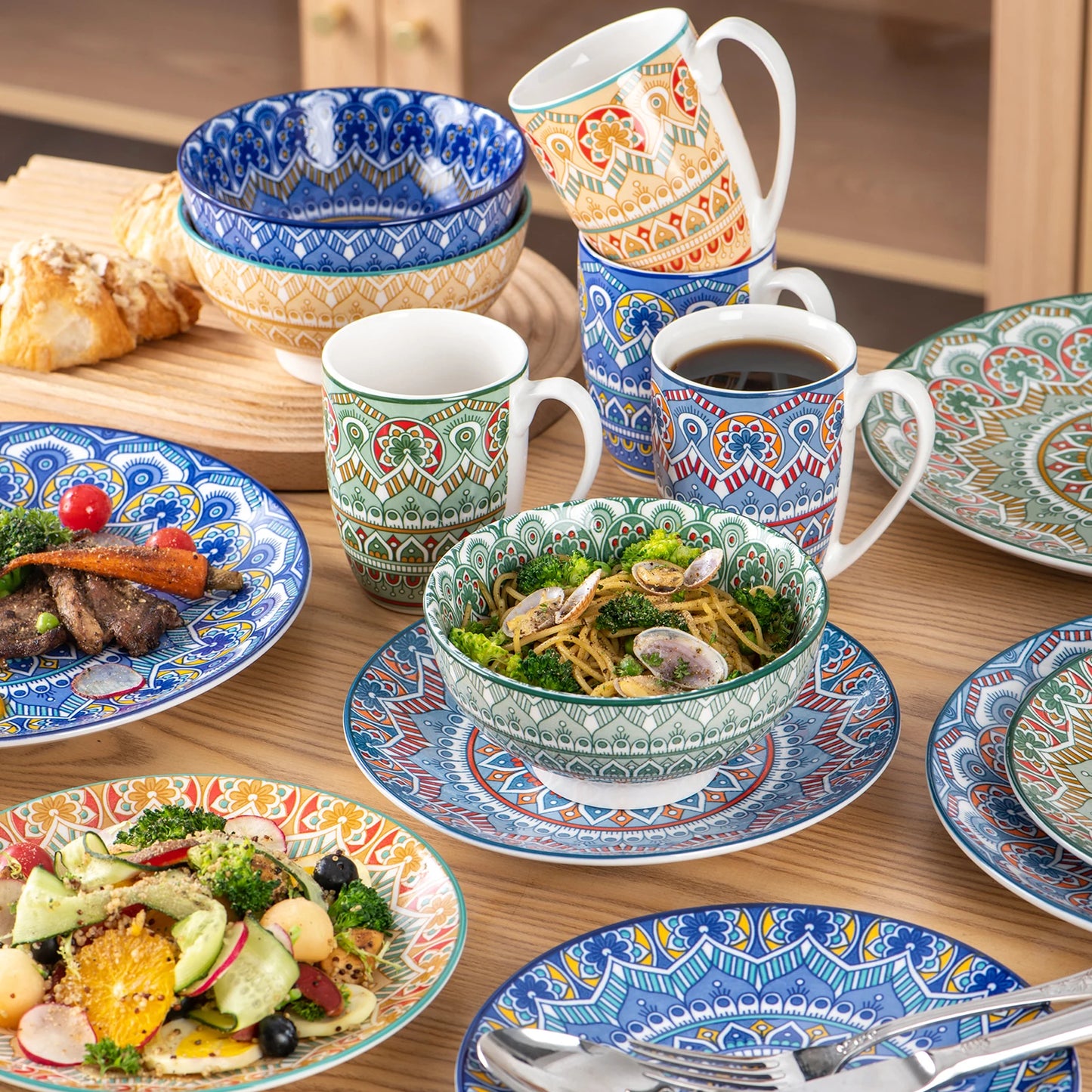 MALACASA Mandala Geometric Ceramic Dinnerware Set Porcelain Plates