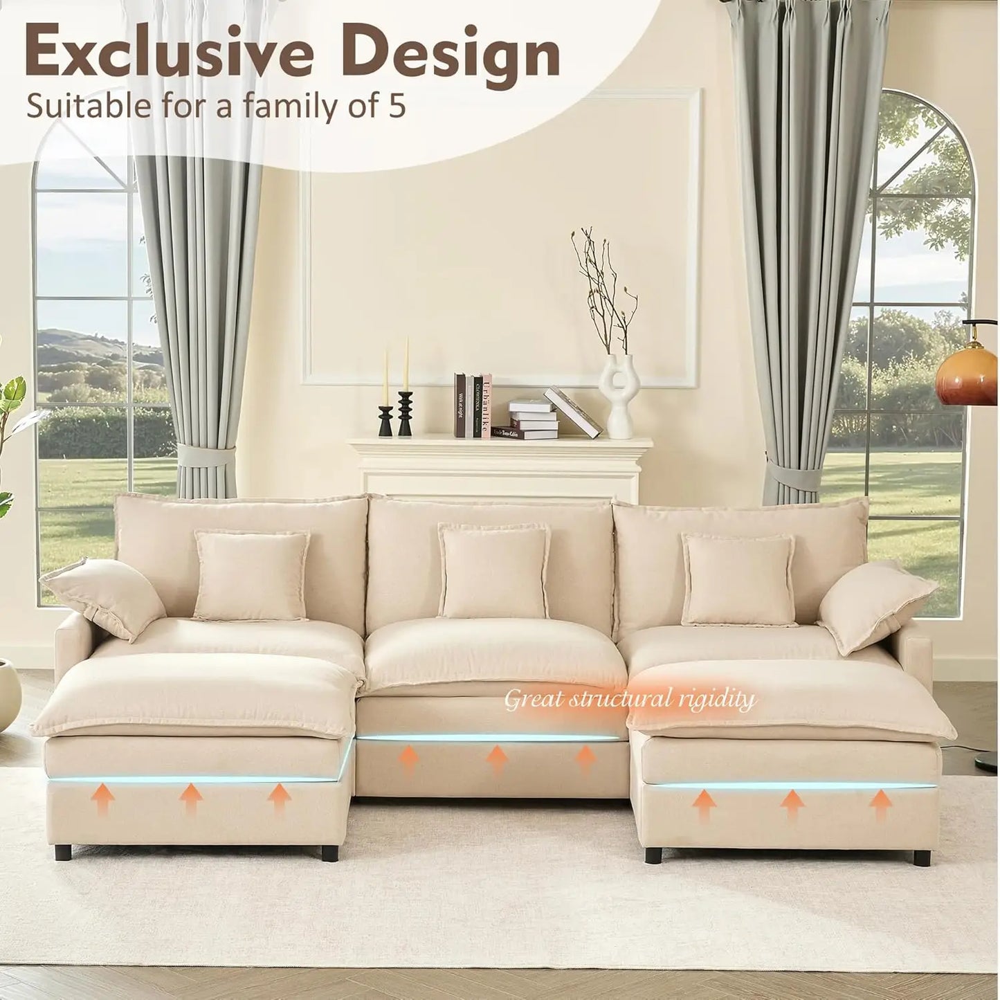 U Shaped Modular Sectional Sofa With Movable Ottoman