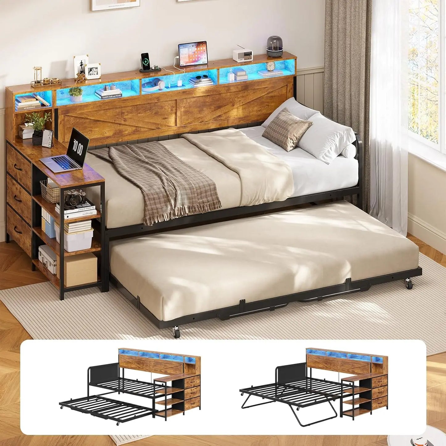 BIANXIANG Daybed With Trundle And Storage Drawers Farmhouse Wood